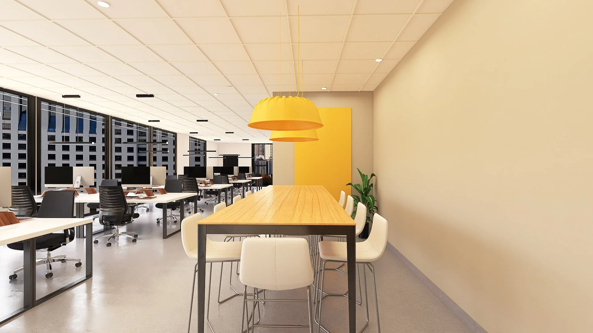 Oficina moderna con varias mesas y sillas blancas, escritorios con computadoras, ventanas grandes y una lámpara amarilla colgante sobre una mesa de madera