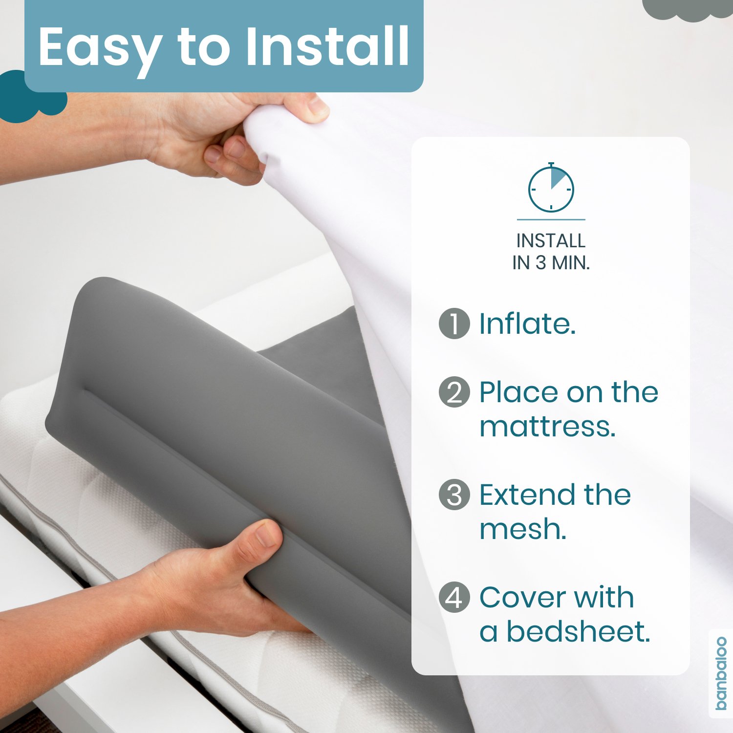 Instrucciones para instalar un producto en la cama: inflar, colocar en el colchón, extender la malla y cubrir con una sábana. Pintura digital con texto en inglés y español.