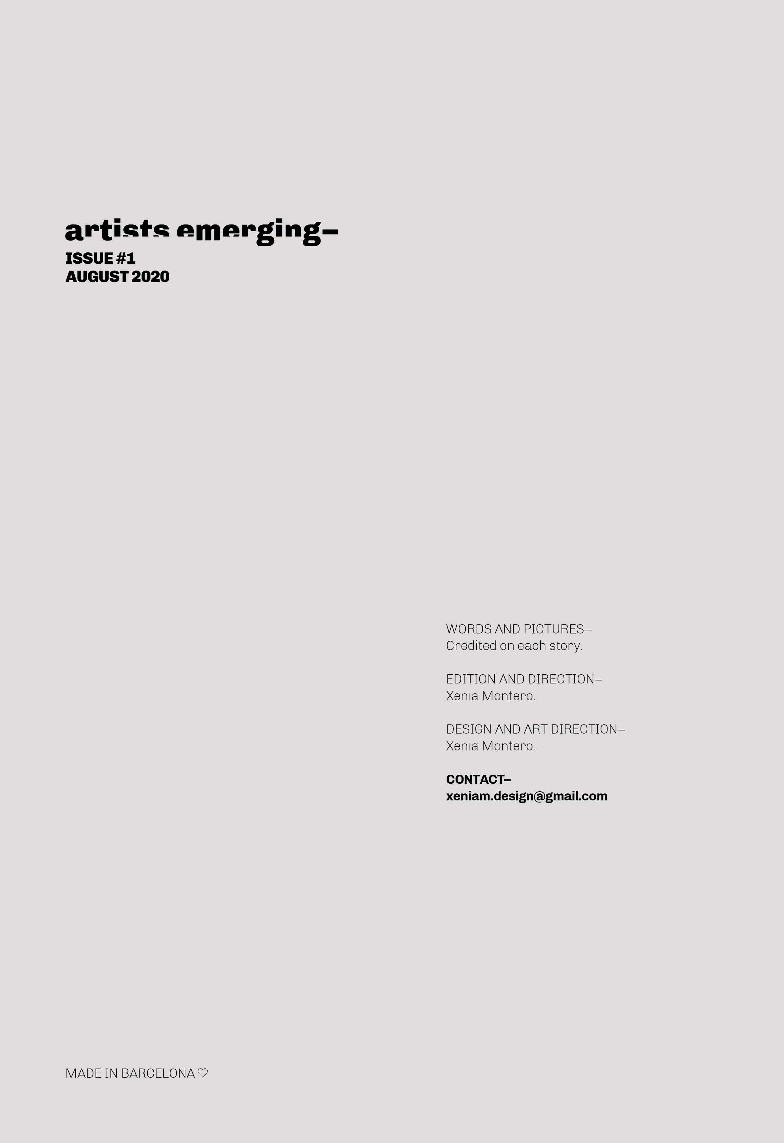 Portada de una revista titulada "Artists Emerging", edición #1 de agosto 2020. Incluye correo de contacto y la frase "Hecho en Barcelona". Diseño editorial.