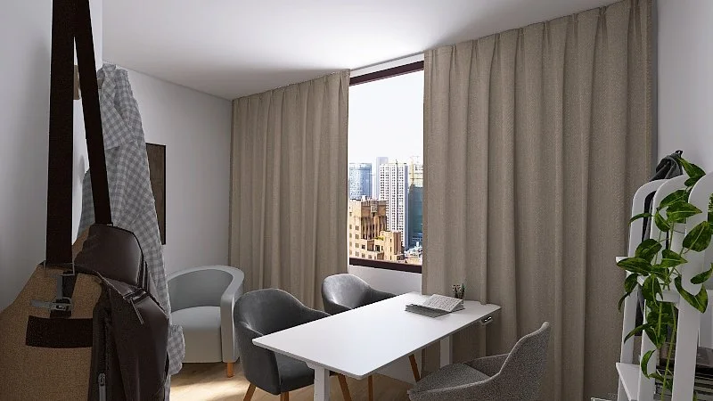 Oficina moderna con escritorio blanco, sillas grises, ventana con vista a la ciudad y cortinas beige, planta decorativa y estante en la esquina. Logo e identidad visual centro de psicologia Cor Nellà. Branding, interiorismo. Agosto Creative Studio.