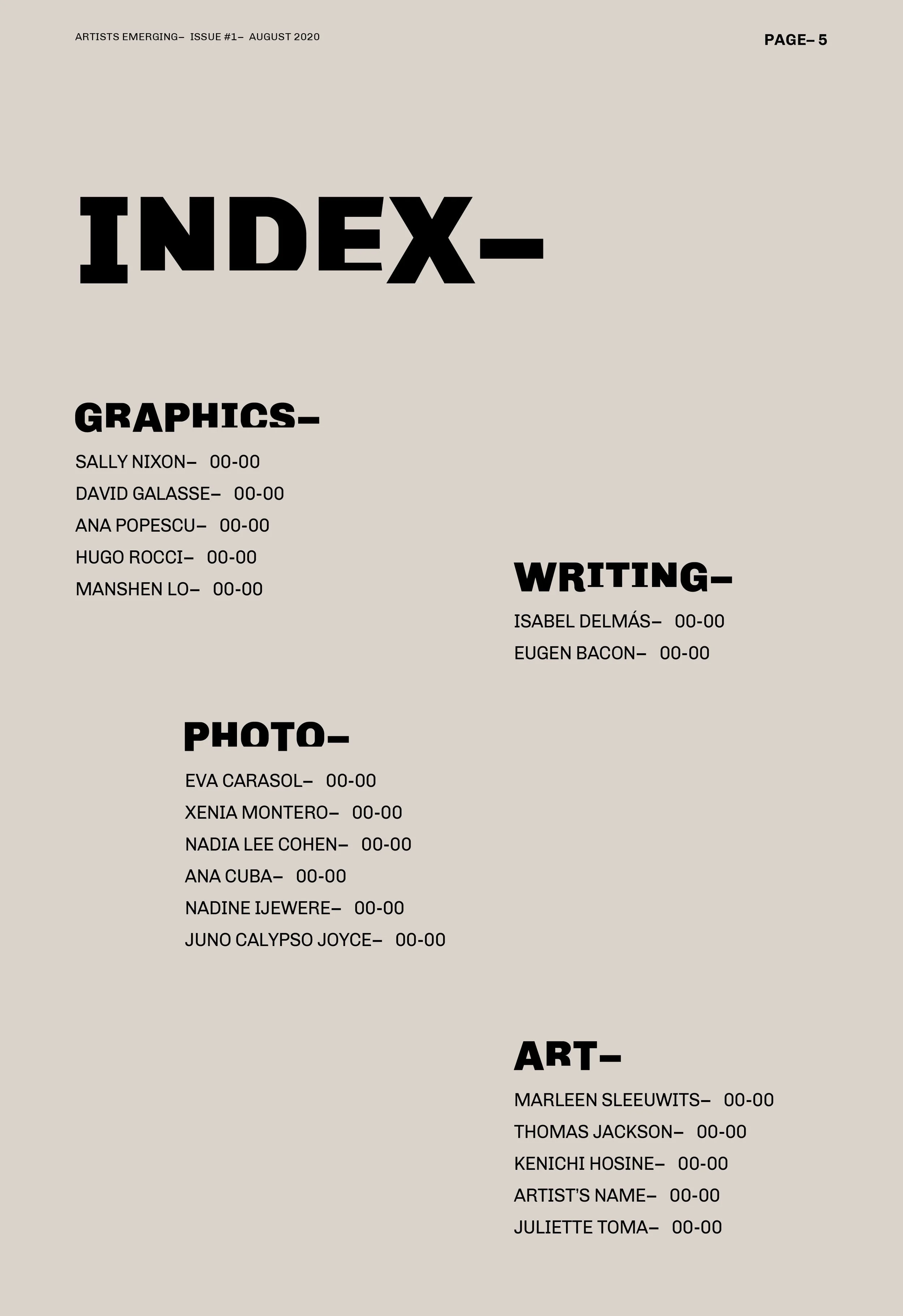 Página de índice de una revista titulada 'Artists Emerging', edición de agosto 2020. Contiene secciones de gráficos, escritura, fotografía y arte, con nombres de diferentes artistas y números de página "00-00" asociados a cada uno. Diseño editorial.