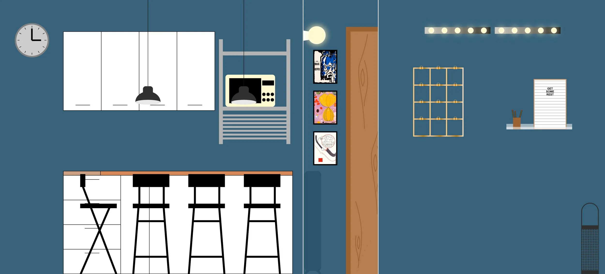 Ilustración de una cocina moderna con taburetes altos y gabinetes blancos, lámparas colgantes, un reloj en la pared, un microondas sobre un estante, cuadros decorativos, y un mensaje motivacional "Get Some Rest" en un estante.