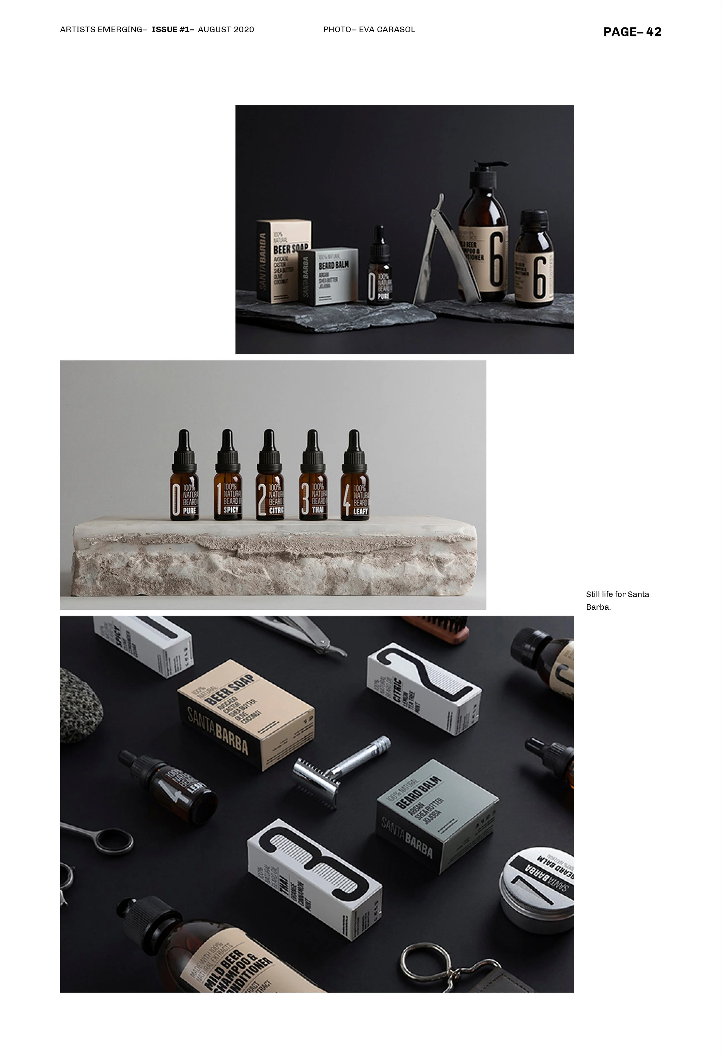Botellas y cajas de productos para el cuidado de la barba sobre superficies elegantes, incluyendo aceites, jabones y bálsamos de la marca Santa Barba. Fotografía de Eva Carasol. Diseño editorial. Editorial design. Agosto Creative Studio.