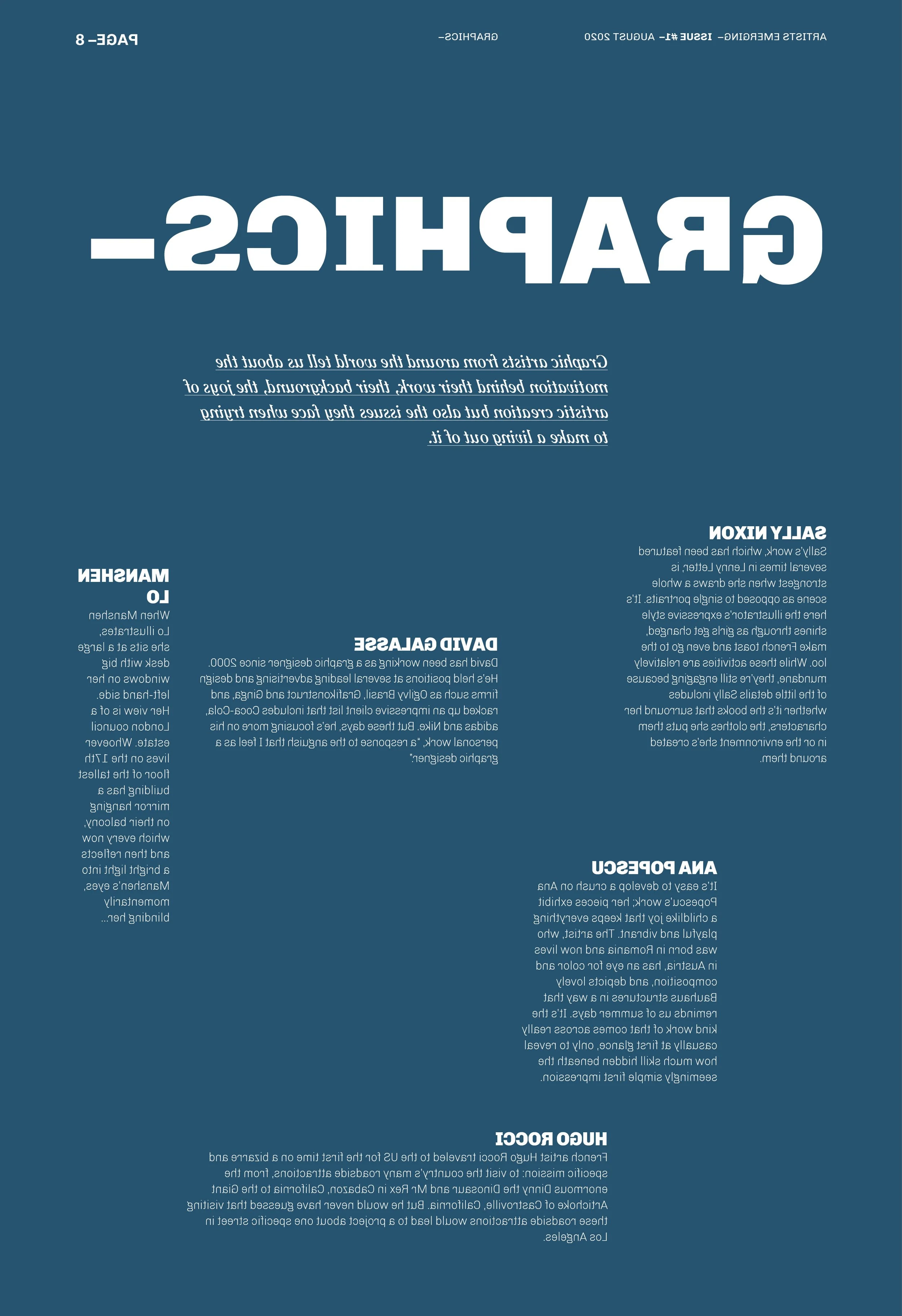 Texto en inglés, invertido, sobre diseño gráfico y artistas gráficos emergentes, presentando sus contribuciones e historias. Diseño editorial. Editorial design. Agosto Creative Studio.