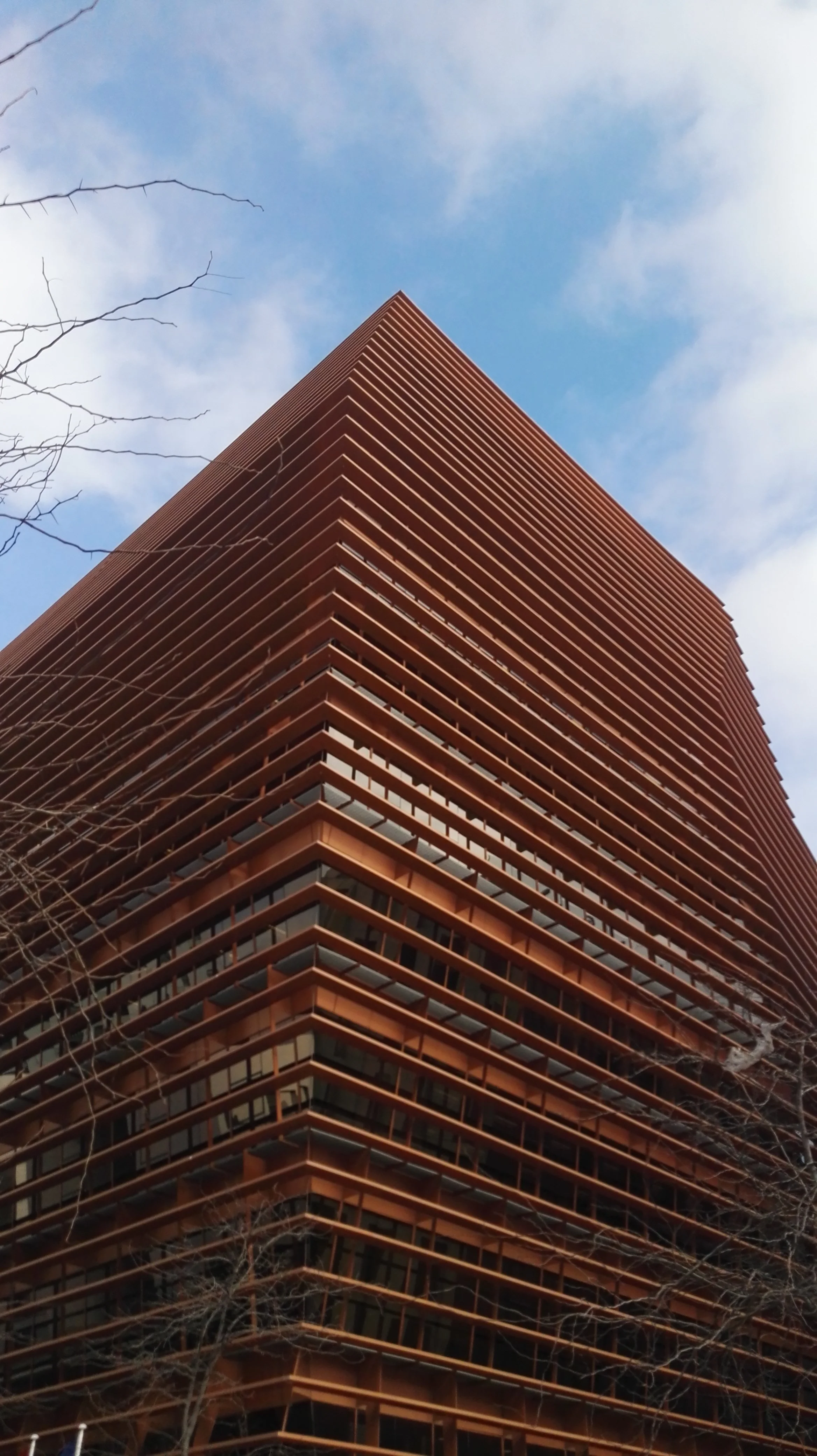 Edificio moderno de color cobre con muchas ventanas, visto desde abajo hacia arriba, con ramas de árboles en primer plano y cielo con algunas nubes en el fondo. Barcelona Poblenou.