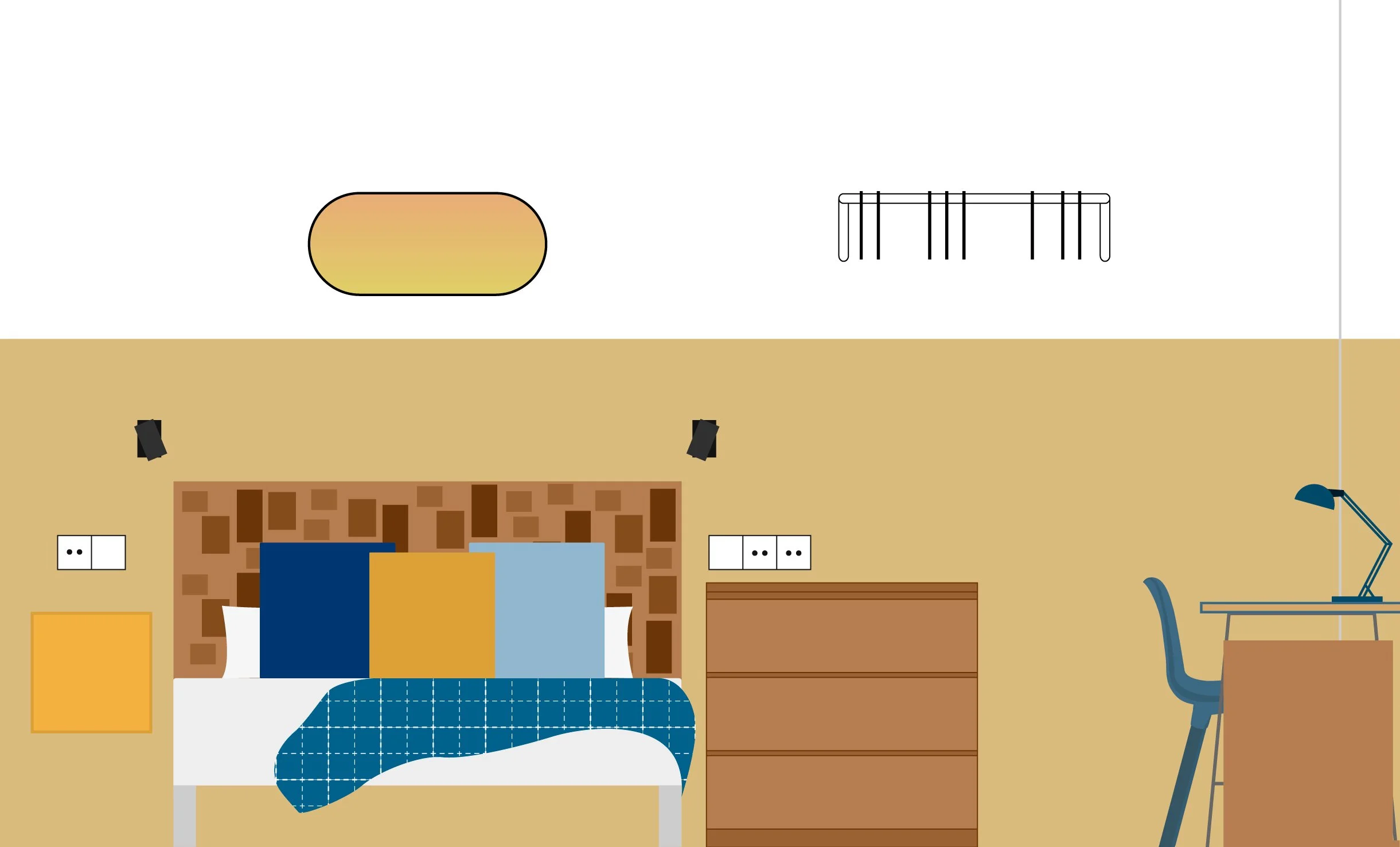 Ilustración de un dormitorio con una cama, almohadas de varios colores y una colcha azul a cuadros. Al lado izquierdo, hay un enchufe y un cuadro amarillo en la pared. A la derecha, se encuentra una cómoda de cajones, un escritorio con una lámpara de