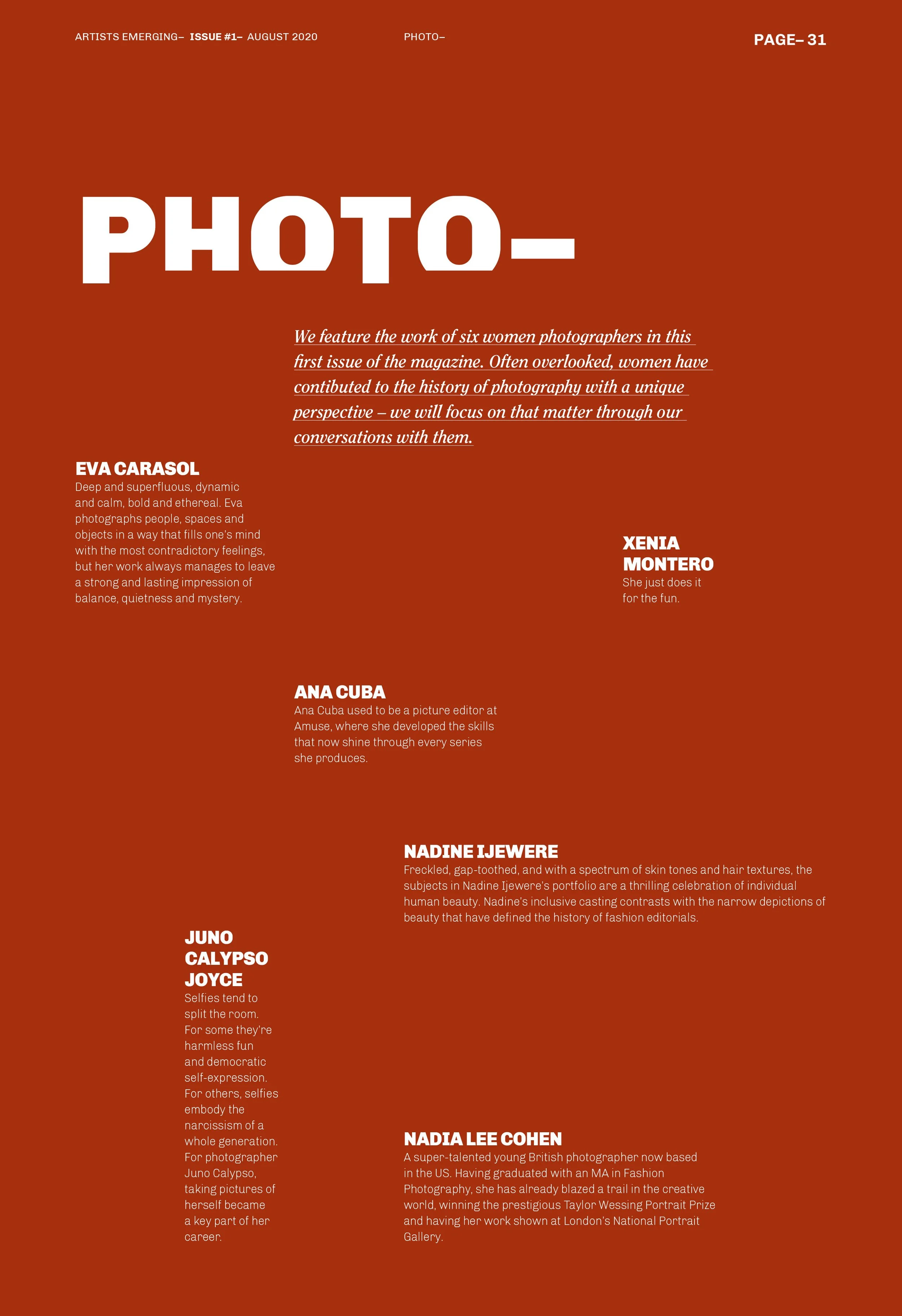 Imagen de una página de revista titulada "PHOTO-" que presenta el trabajo de seis fotógrafas. Se destacan breves descripciones de Eva Carasol, resaltando sus estilos y logros en la fotografía. El diseño es de fondo marrón con texto blanco y naranja.