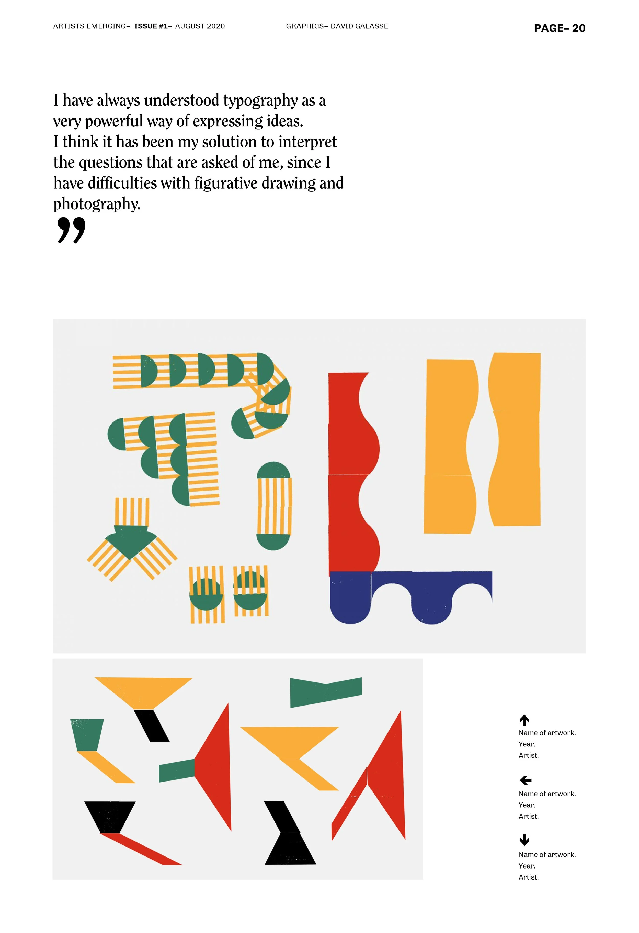 Página de revista con texto en inglés sobre la tipografía y gráficos abstractos en colores rojo, verde, amarillo y negro. Los gráficos incluyen formas geométricas como líneas y triángulos. Es parte de una publicación de agosto de 2020.