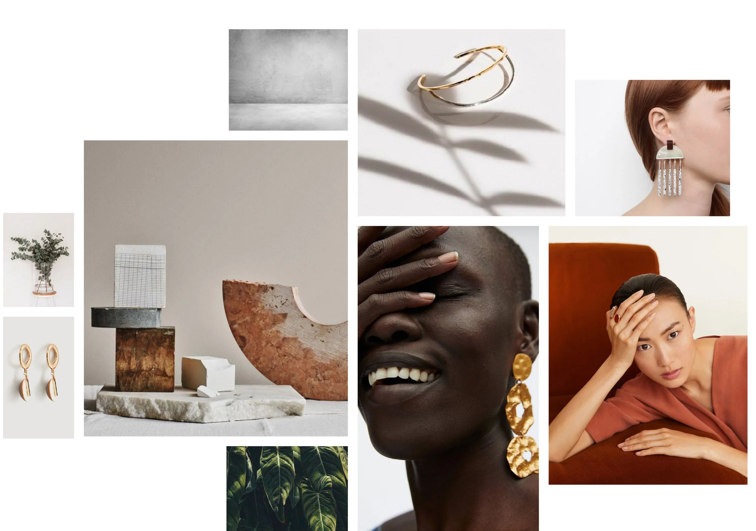 Collage de fotos: Joyería, retratos de personas con aretes, naturaleza y diseño interior minimalista con elementos de mármol y metal.