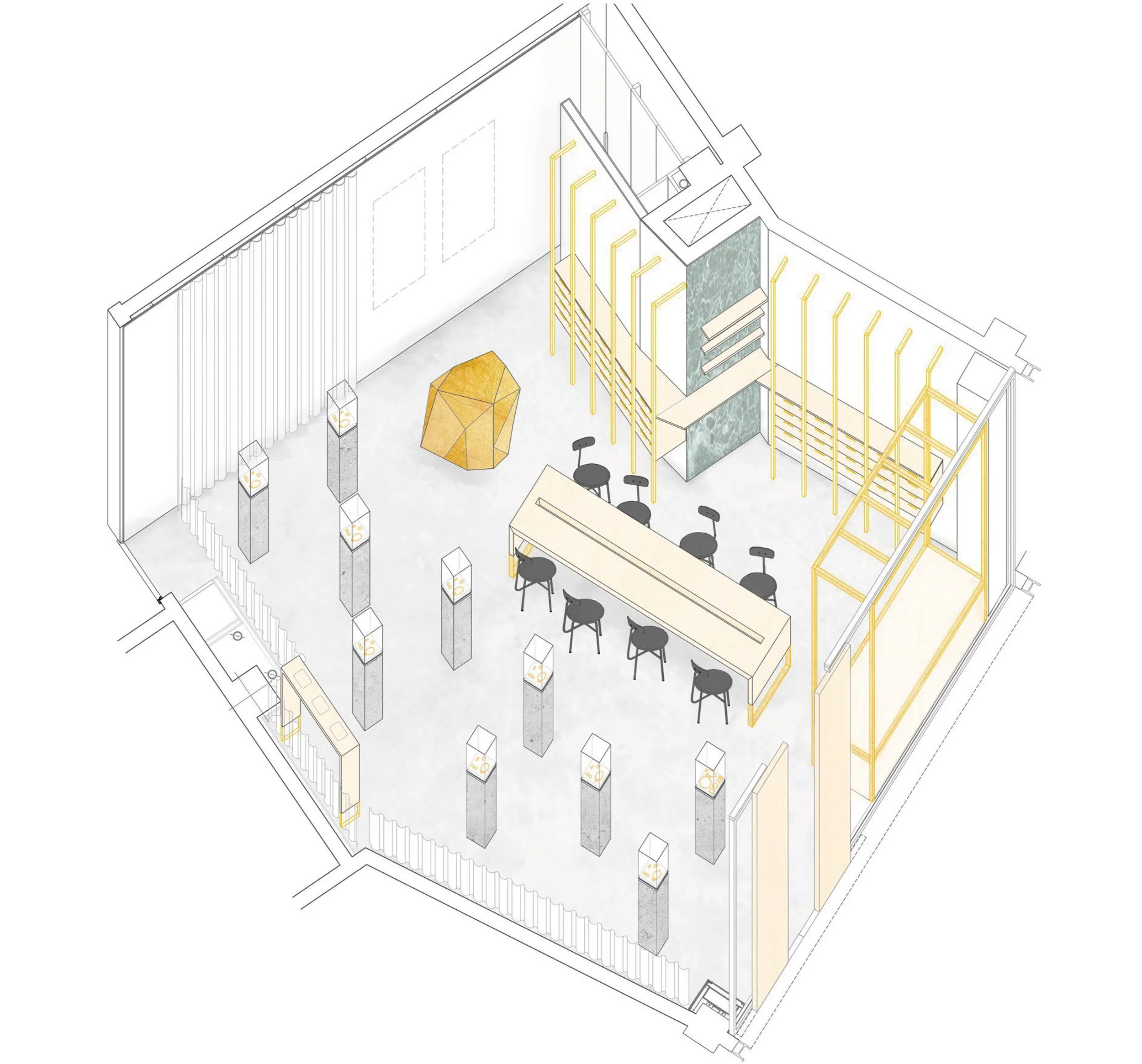 Diseño isométrico de interior con área de recepción, bancos, mesa central, sillas, columnas decorativas y elementos geométricos en amarillo y gris.