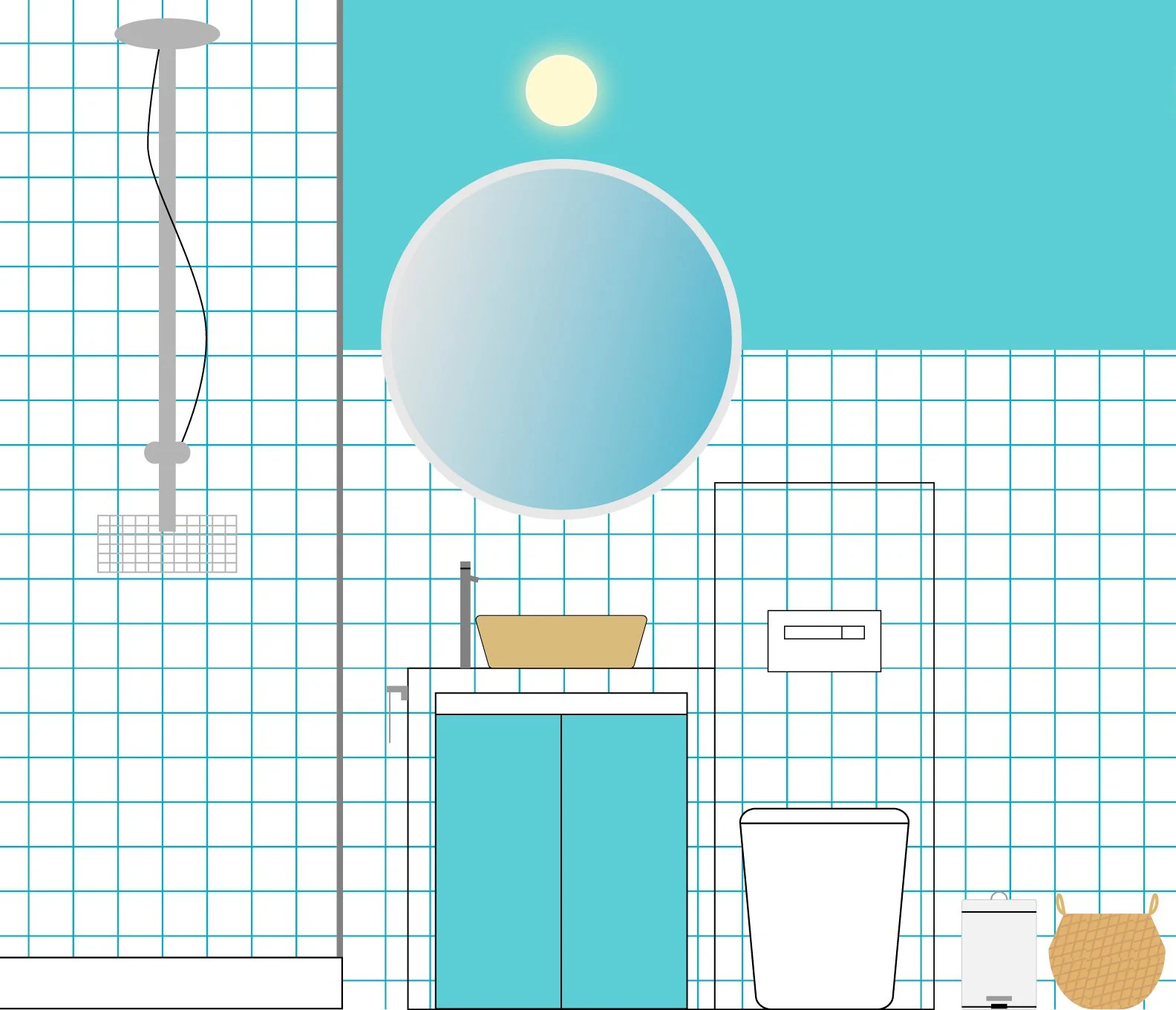 Ilustración de un baño moderno con ducha, lavabo, espejo redondo, inodoro, cesto y papelera en un estilo minimalista con azulejos blancos y detalles turquesas.