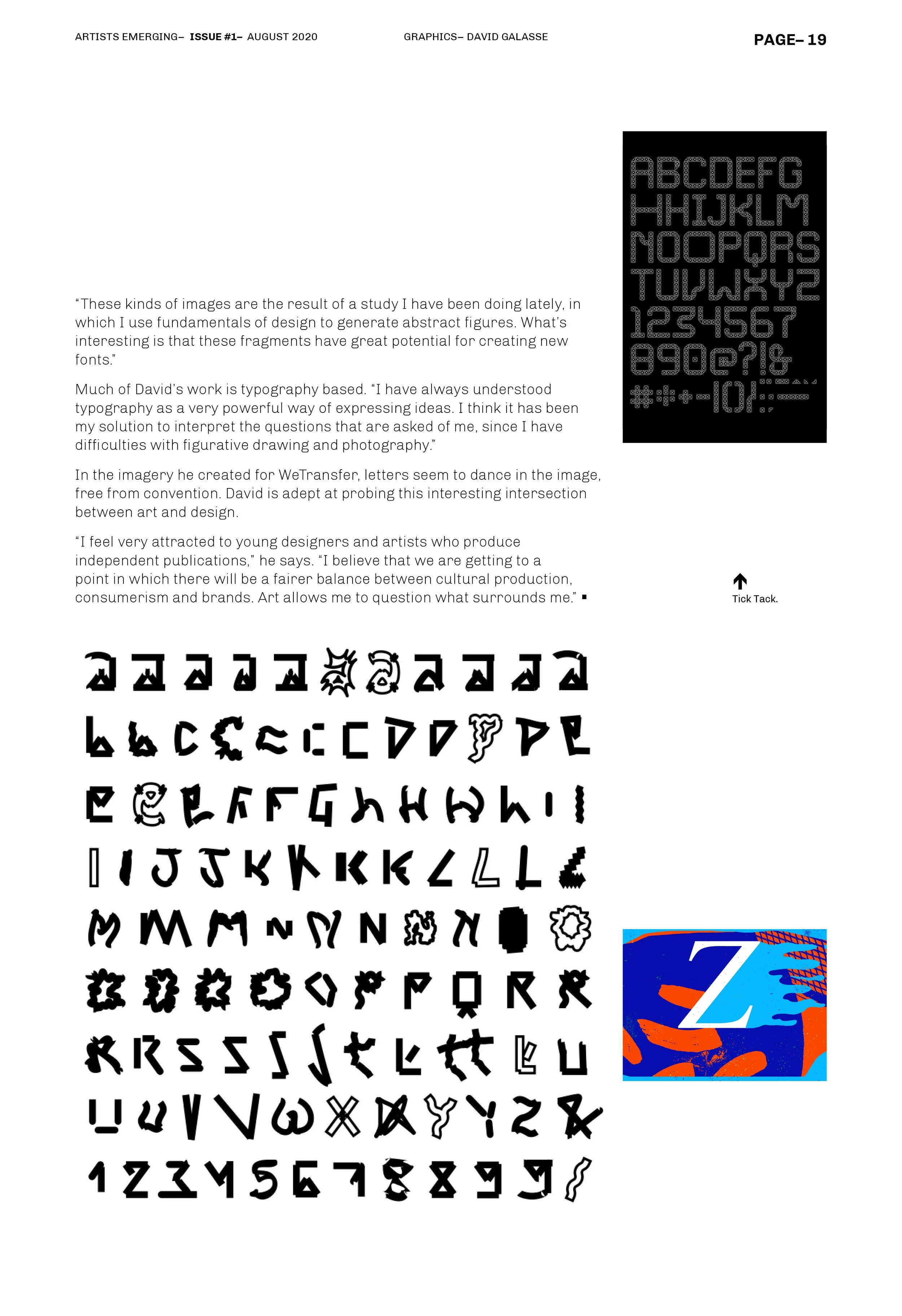 Página de revista con gráficos de tipografía abstracta y colorida, textos sobre diseño y tipografía. Incluye un alfabeto estilizado y un diseño con la letra "Z" en azul y rojo. Diseño editorial. Editorial design. Agosto Creative Studio.