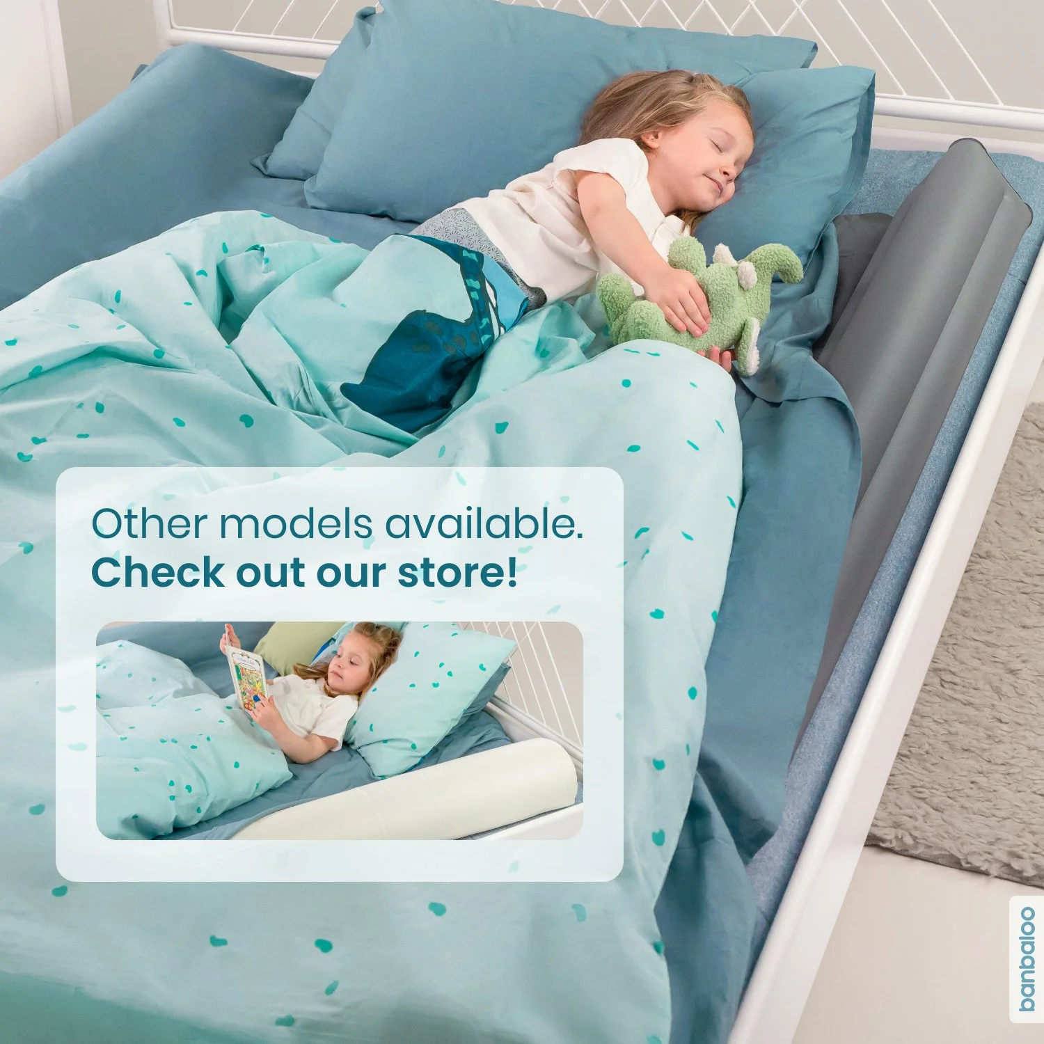 Niña durmiendo en una cama con ropa de cama azul y un peluche verde, con un recuadro que muestra otra imagen de la misma niña leyendo.