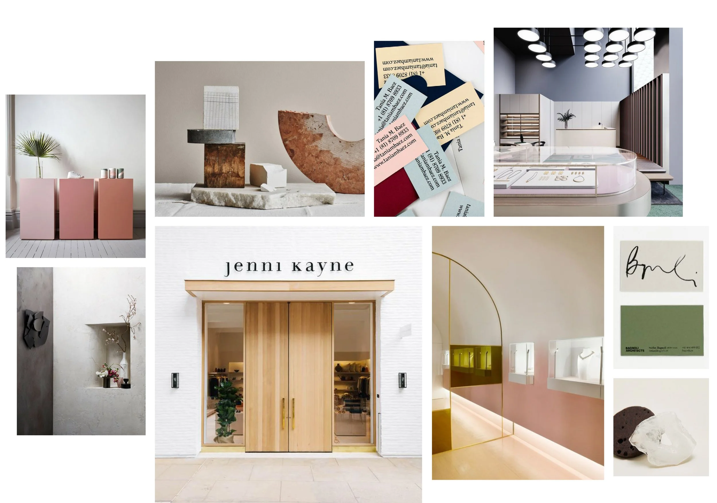 Collage de diseño interior con paletas de colores neutros y estructuras minimalistas. Incluye una tienda con fachada de madera, tarjetas de presentación, una sala con luces modernas, y exhibiciones de objetos decorativos. Elementos de diseño moderno