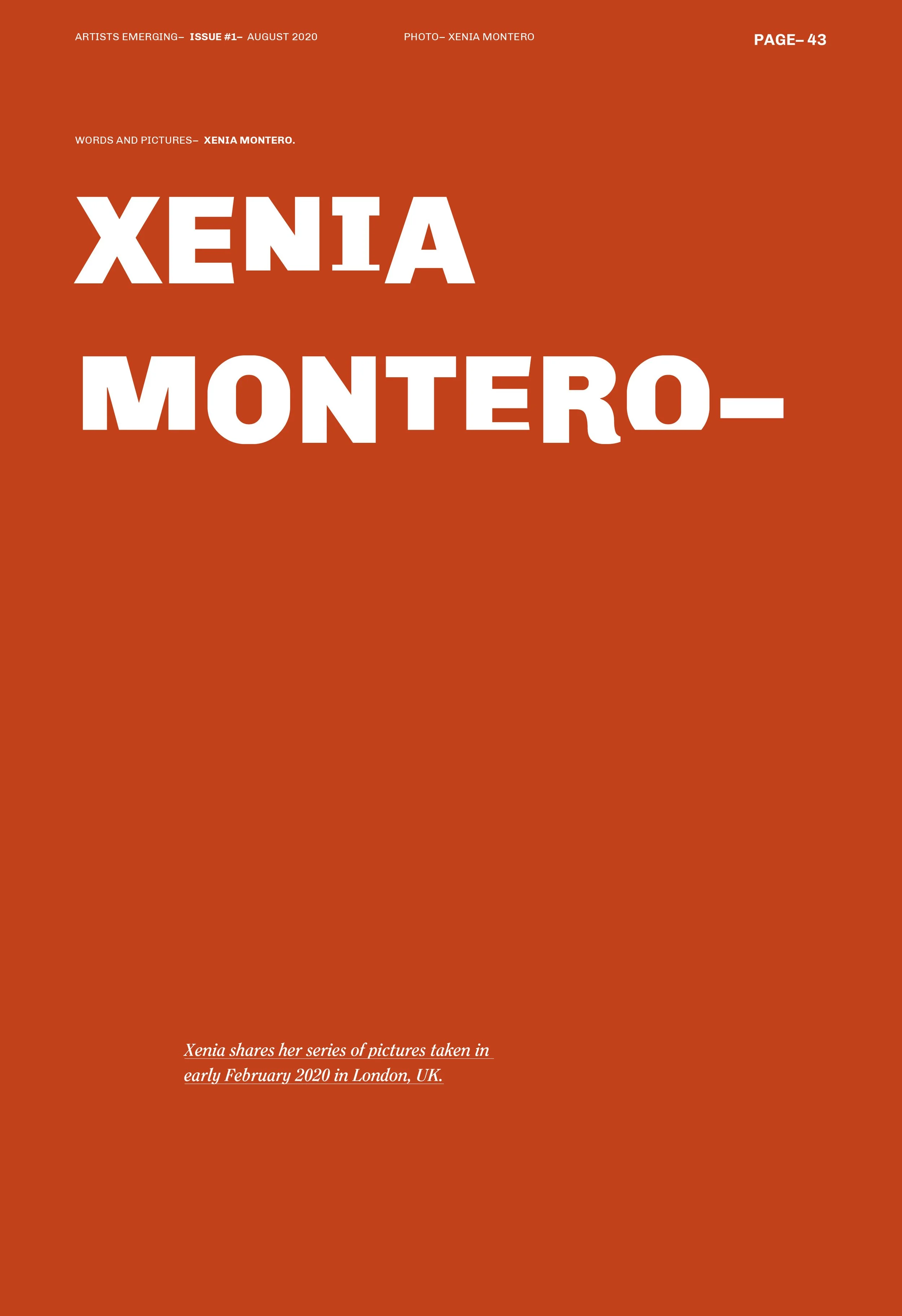 Página naranja de una revista con el nombre en letras grandes y detalles sobre una serie de fotos tomadas en febrero de 2020 en Londres, Reino Unido. Diseño editorial. Editorial design. Agosto Creative Studio.