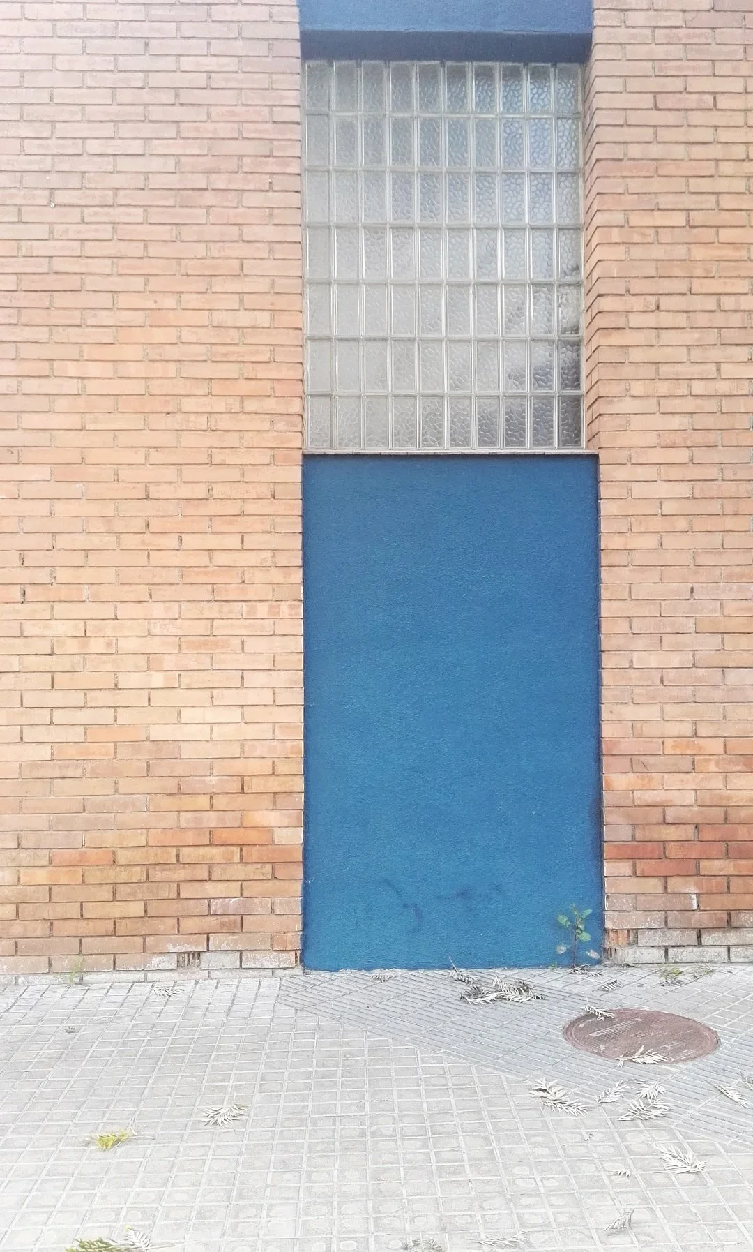Pared de ladrillos con área pintada de azul y bloque de vidrio en la parte superior, en la acera