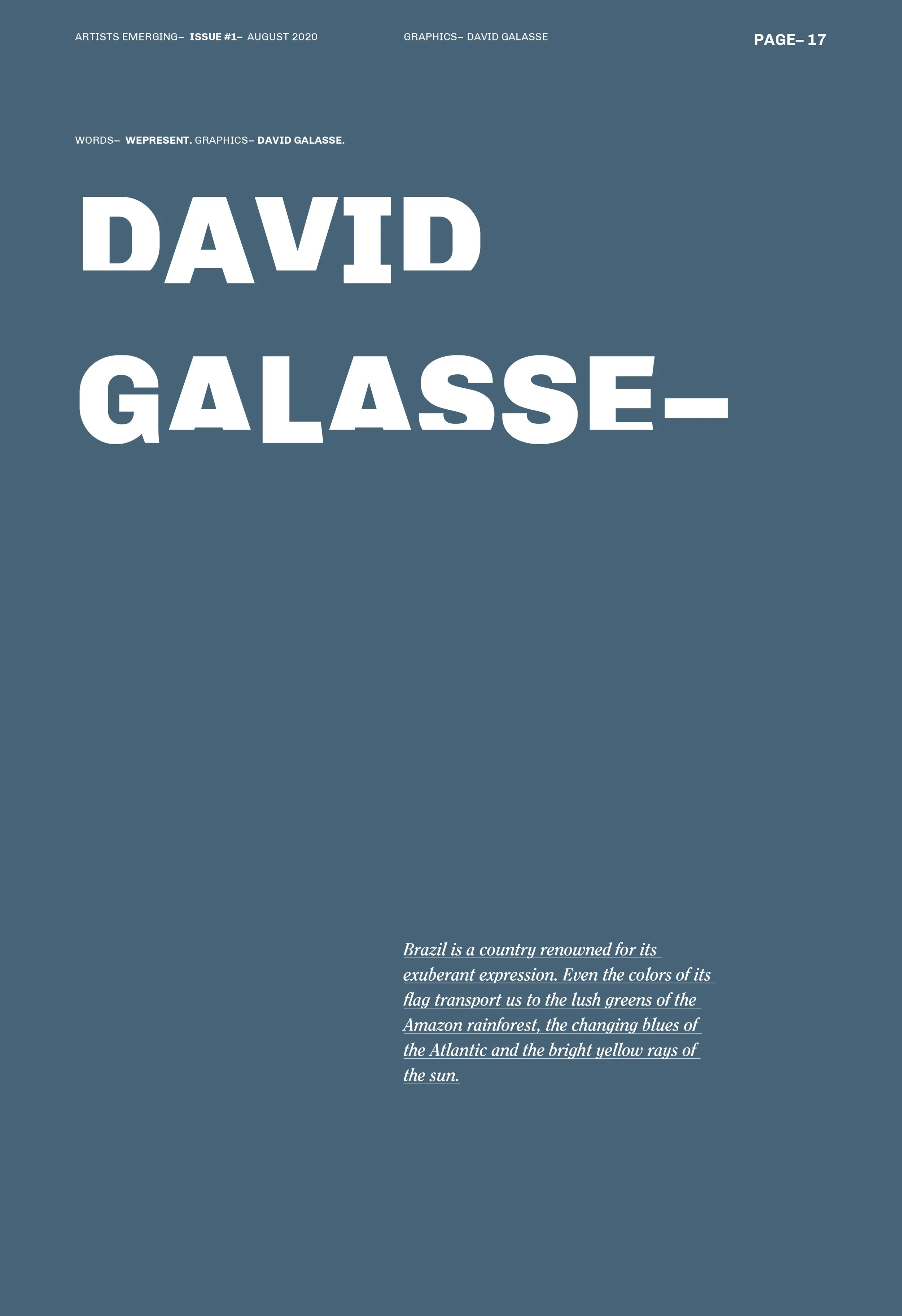 Portada de revista "Artists Emerging" con el nombre en letras grandes sobre fondo azul. Texto sobre Brasil en la parte inferior.