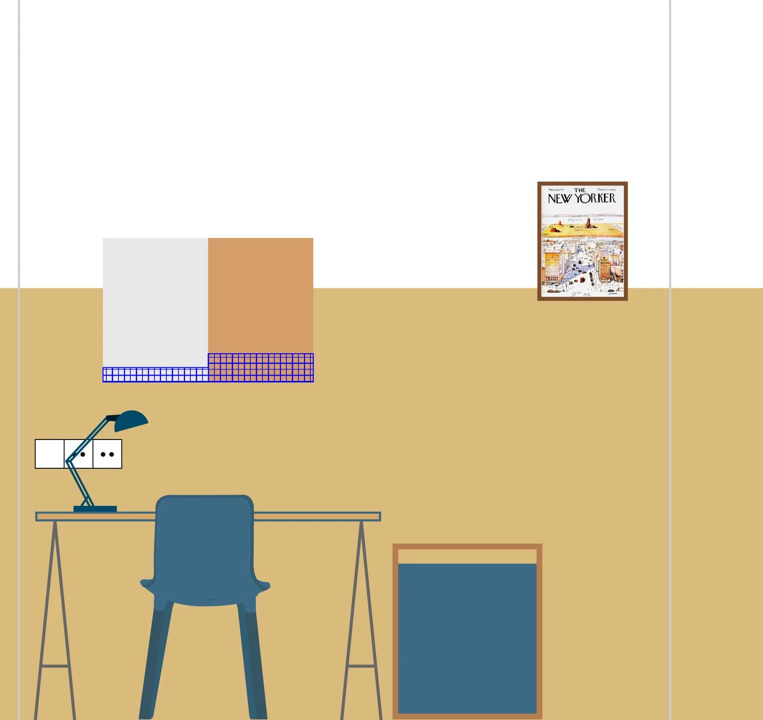 Ilustración de una oficina con un escritorio azul, lámpara y silla. Hay dos cuadros en la pared, uno con patrón cuadriculado y otro con revista "The New Yorker".