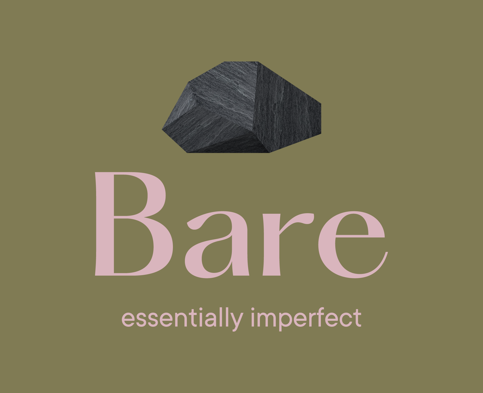 Logotipo "Bare" con la frase "essentially imperfect" y una ilustración de una piedra oscura sobre un fondo verde oliva.