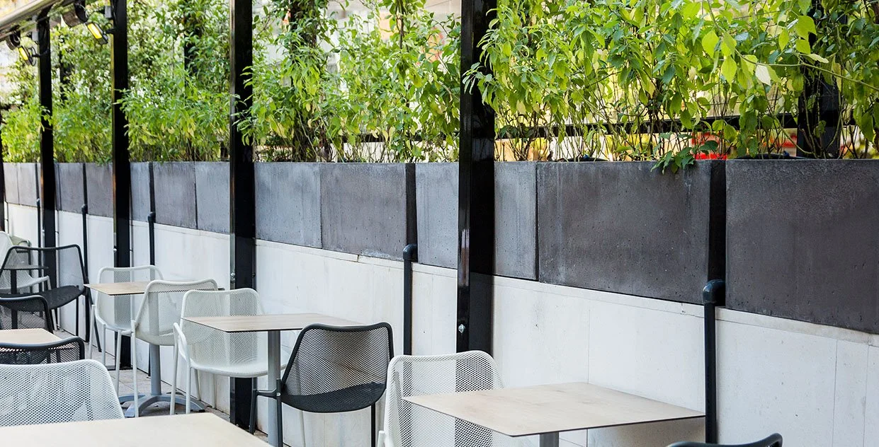 Terraza de restaurante con mesas y sillas junto a macetas con plantas verdes. Diseño de interiorismo comercial. Retail Design. Foto de Eva Carasol.