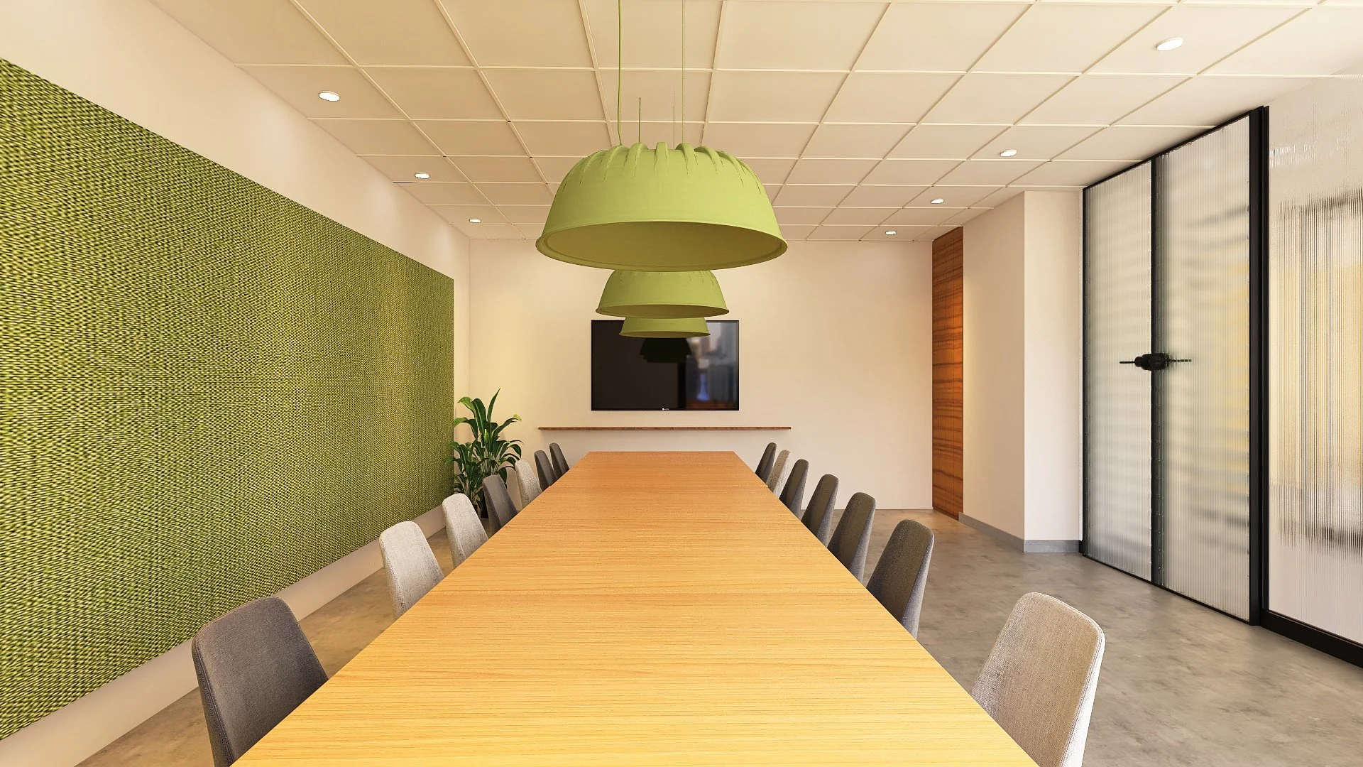 Sala de juntas moderna con mesa de madera, sillas grises, paredes blancas, pantalla en la pared, luminarias verdes en el techo, plantas y puertas de vidrio.