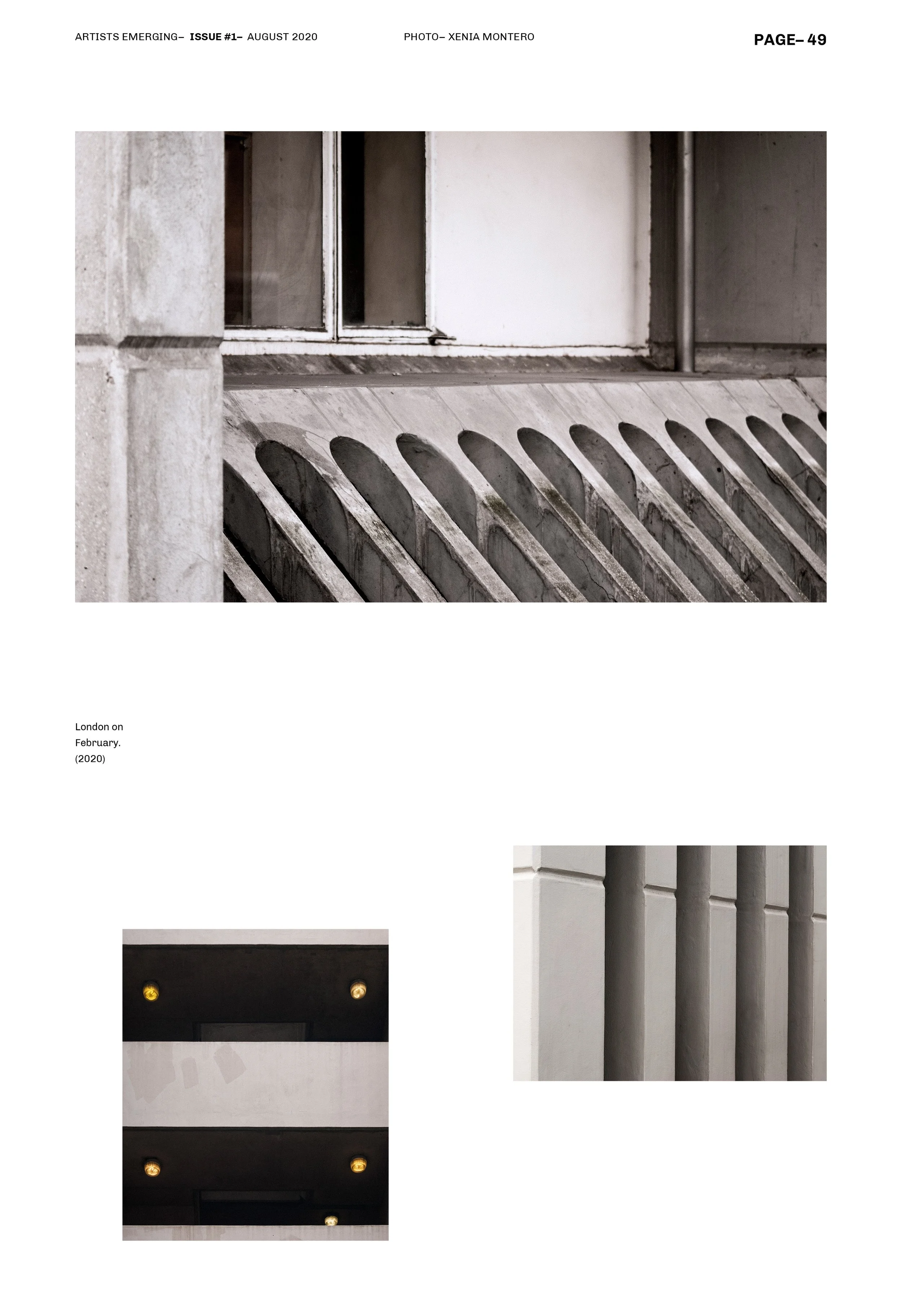 Fotografía de detalles arquitectónicos en blanco y gris, con ventanas y estructuras geométricas. Incluye iluminación de techos y columnas. Texto «London en February (2020)» presente.