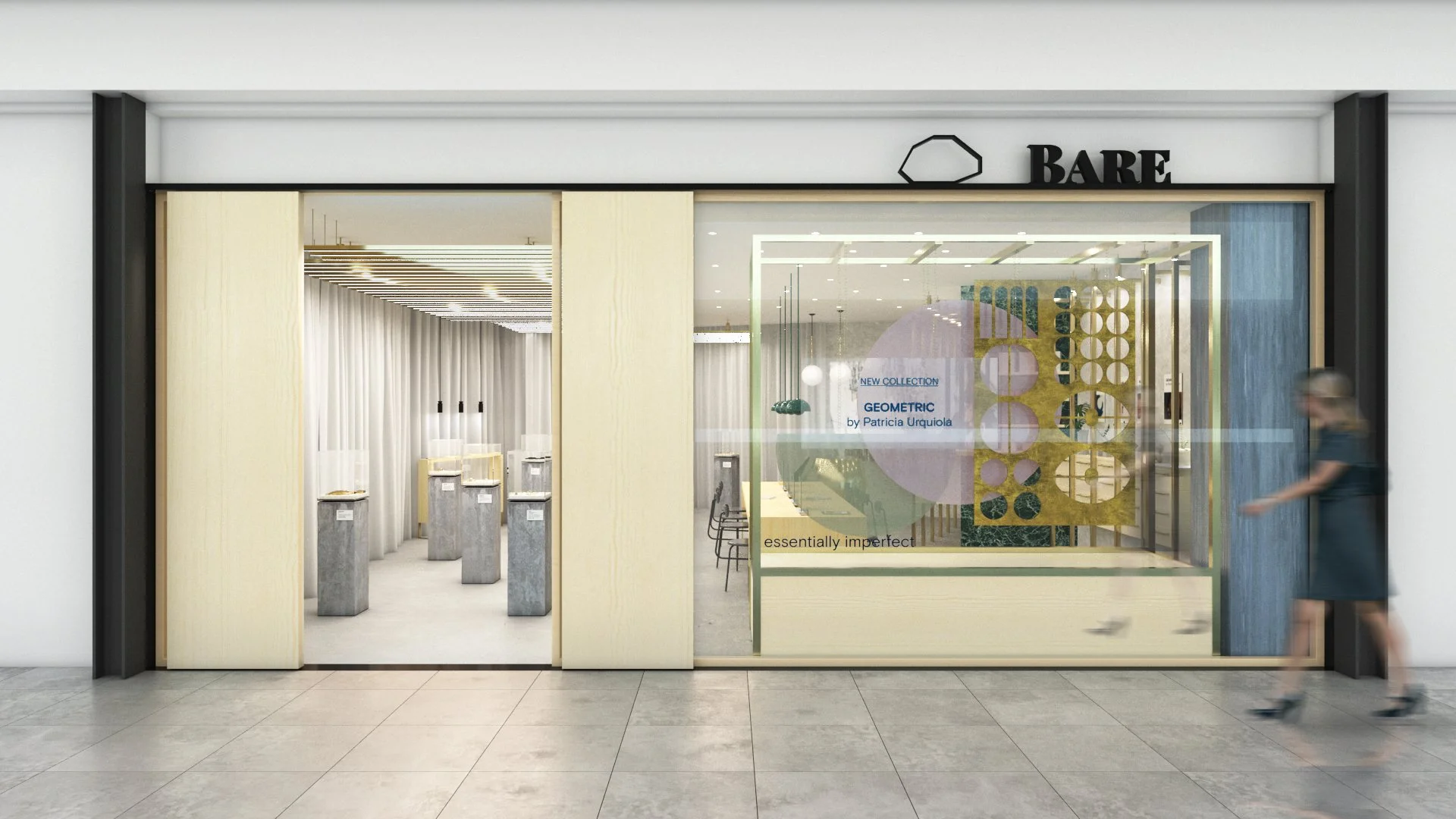Tienda moderna con diseño minimalista, interior visible con cortinas blancas, columnas de exhibición y decoración geométrica. Personas caminando por el frente. Cartel de "Bare" en la entrada.