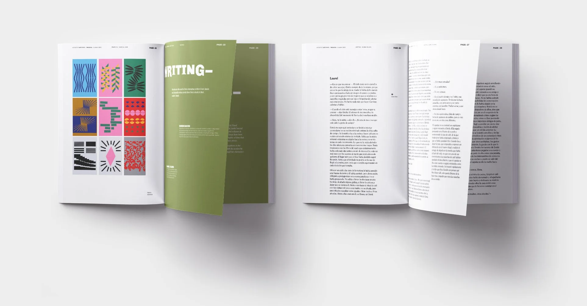 Dos revistas abiertas mostrando páginas interiores. La primera tiene diseños gráficos coloridos a la izquierda y texto verde a la derecha. La segunda muestra contenido de texto en blanco y negro. Diseño editorial. Editorial Design. Agosto Creative St