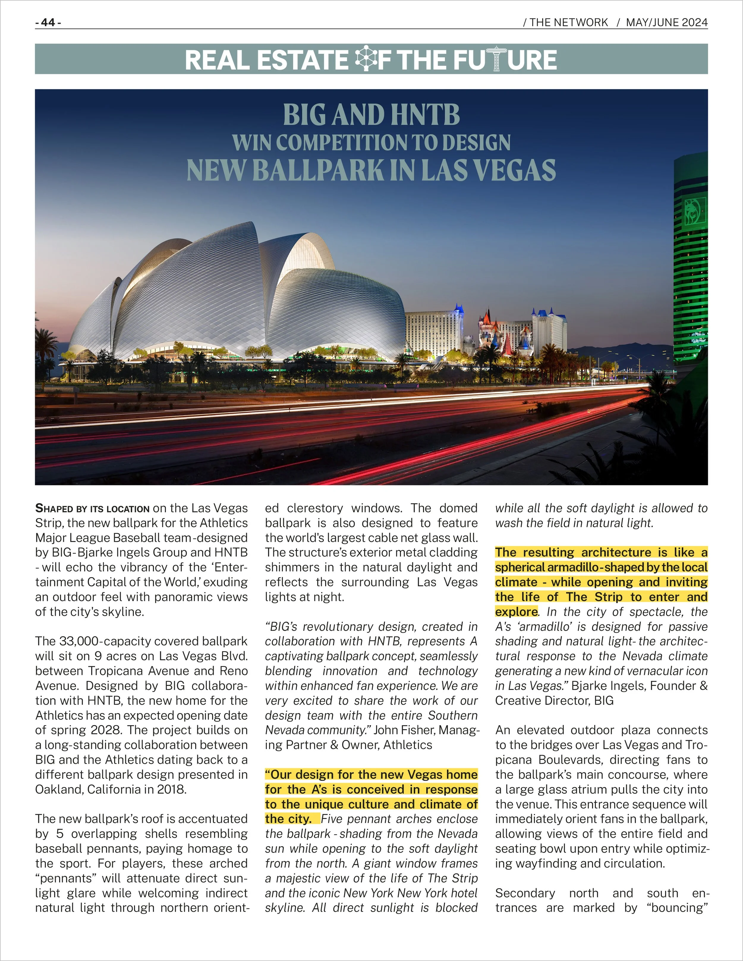 Revista con artículo sobre el nuevo estadio de béisbol en Las Vegas diseñado por BIG y HNTB, destacando una imagen del concepto arquitectónico moderno con iluminación nocturna. El título menciona la competencia ganada para diseñar el nuevo estadio.