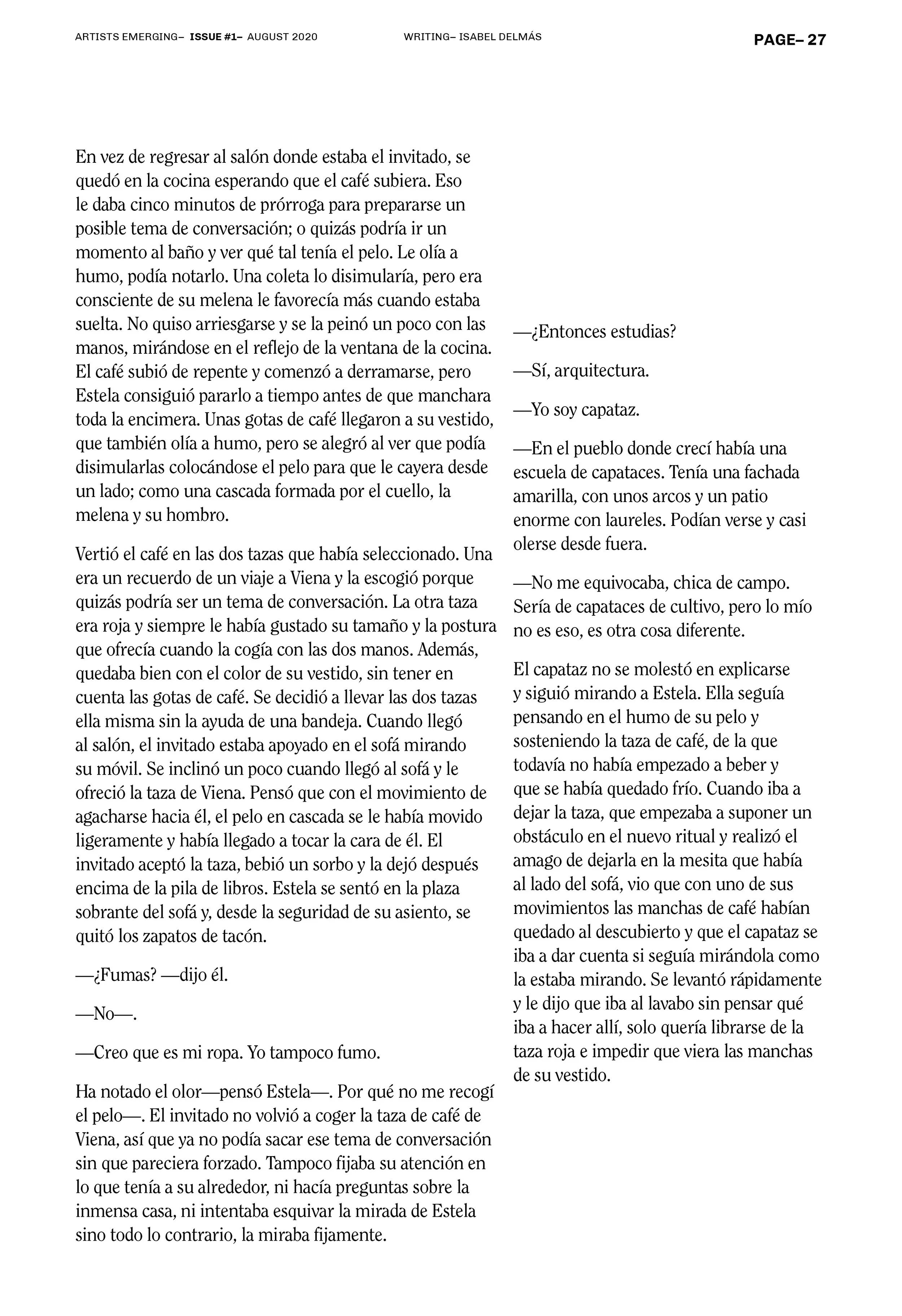 Página de una revista con texto en español sobre una conversación entre dos personas, mencionando un incidente con café y detalles sobre el entorno doméstico. Aparece el nombre de la autora Isabel Delmás en la parte superior junto con el título 'Arti