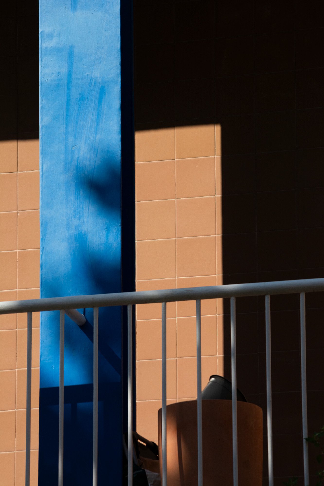 Una estructura con una pared de azulejos marrones y una columna azul, con una barandilla blanca en primer plano.Dispensari Antituberculós de Barcelona por Josep Lluís Sert. Visita guiada de El Globus Vermell y GAC Barcelona en Setmanes Arquitectura B