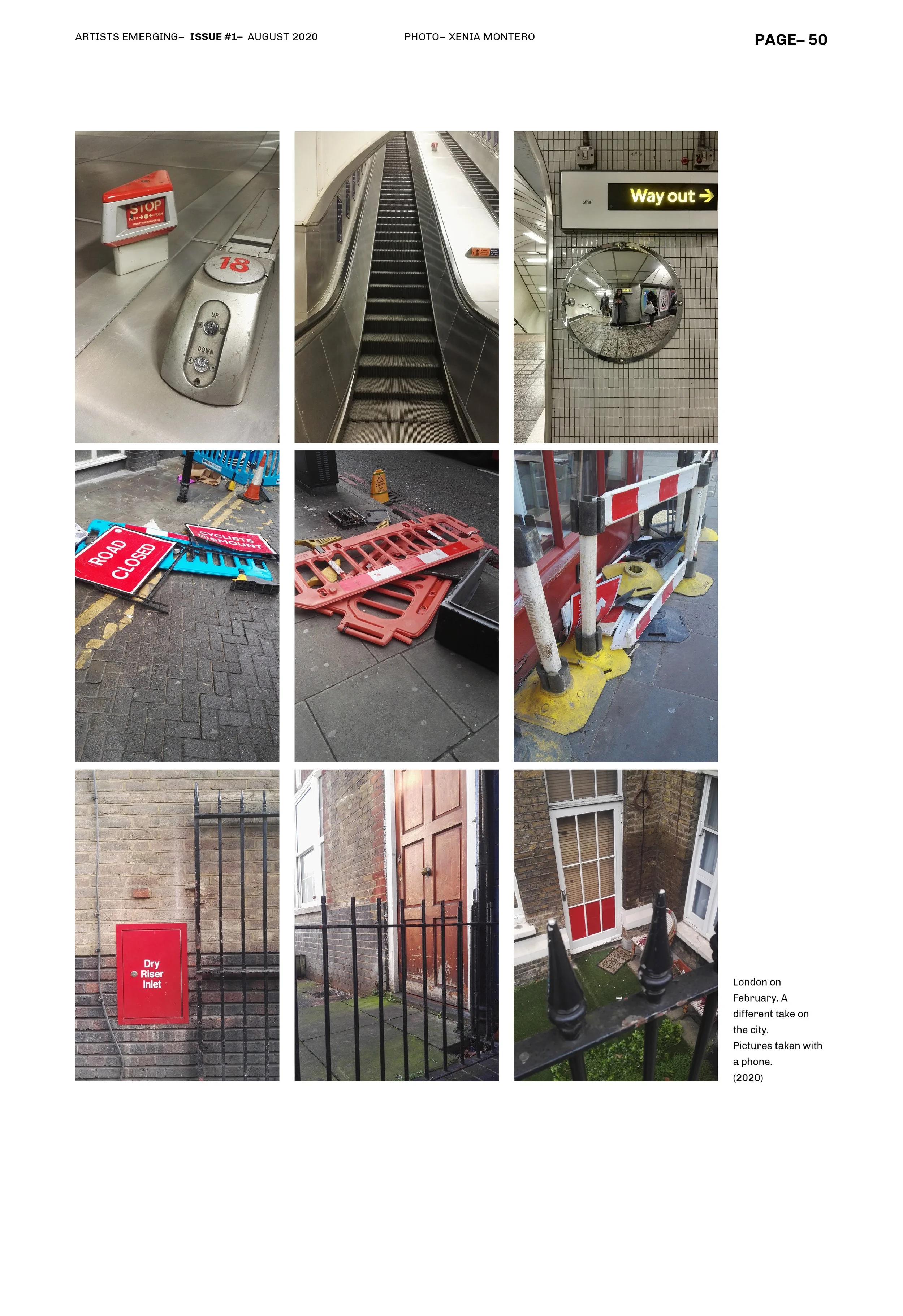 Collage de fotos de una estación de metro y señales de construcción en Londres, con una escalera mecánica, señales de "Camino de salida" y "Camino cerrado", vallas naranjas, y detalles de arquitectura urbana. Fotografías capturadas con un teléfono.