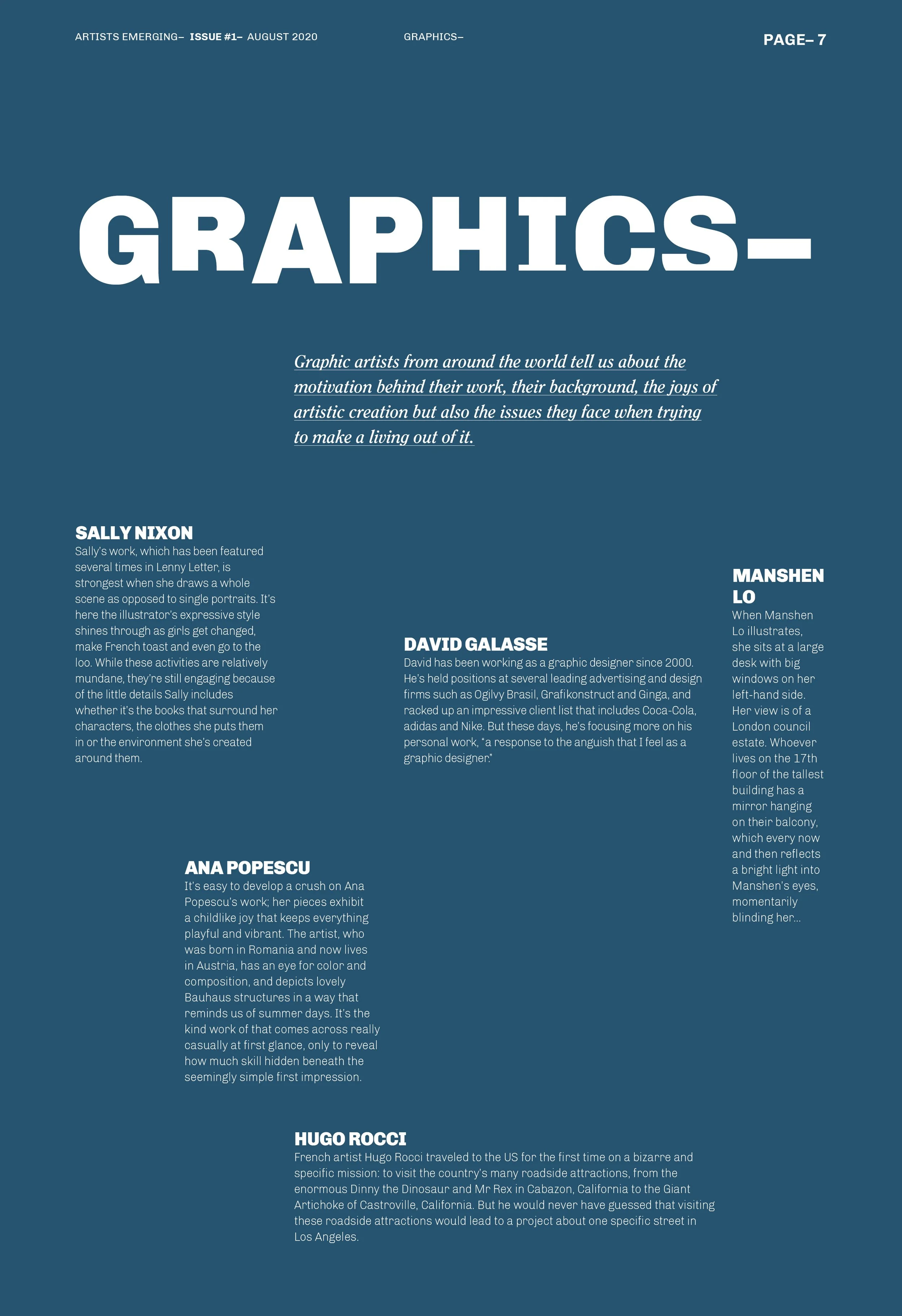 Página de revista titulada "GRAPHICS" con texto sobre artistas gráficos de todo el mundo,. Se describen sus experiencias y trabajos en diseño gráfico. Diseño editorial. Editorial design. Agosto Creative Studio.