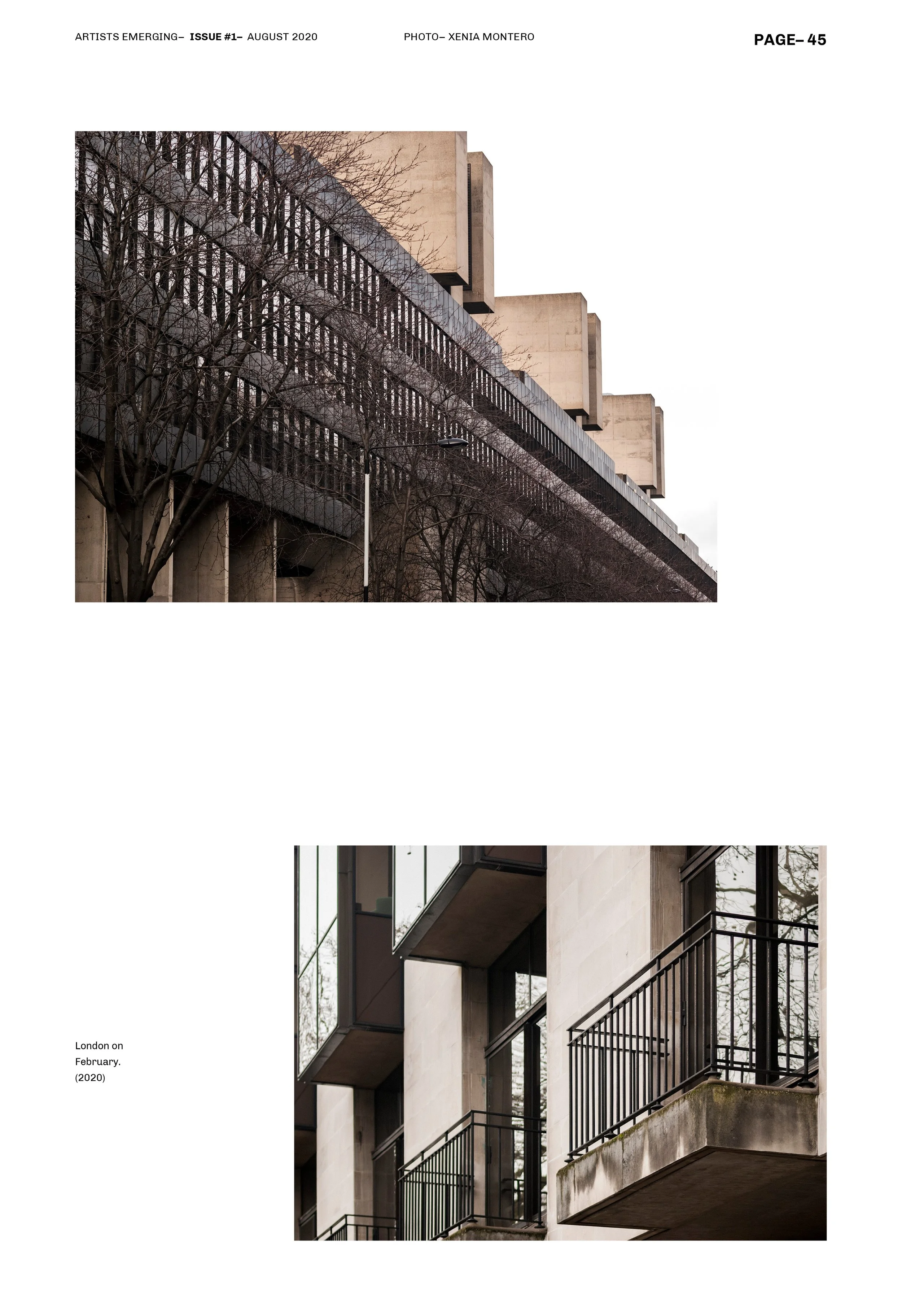 Dos fotos de un edificio brutalista en Londres, con arquitectura de concreto y líneas modernas, árboles sin hojas al frente. Diseño editorial. Editorial design. Agosto Creative Studio.