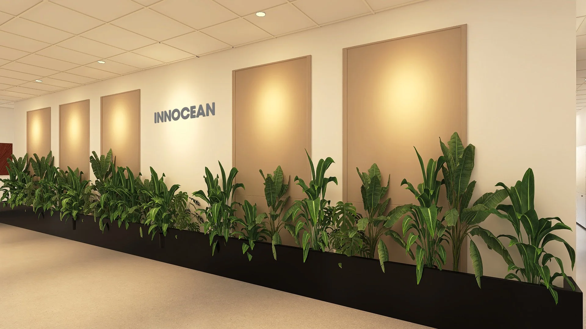 Interior de un edificio con plantas verdes en un gran acuario y la palabra 'INNOCEAN' en la pared