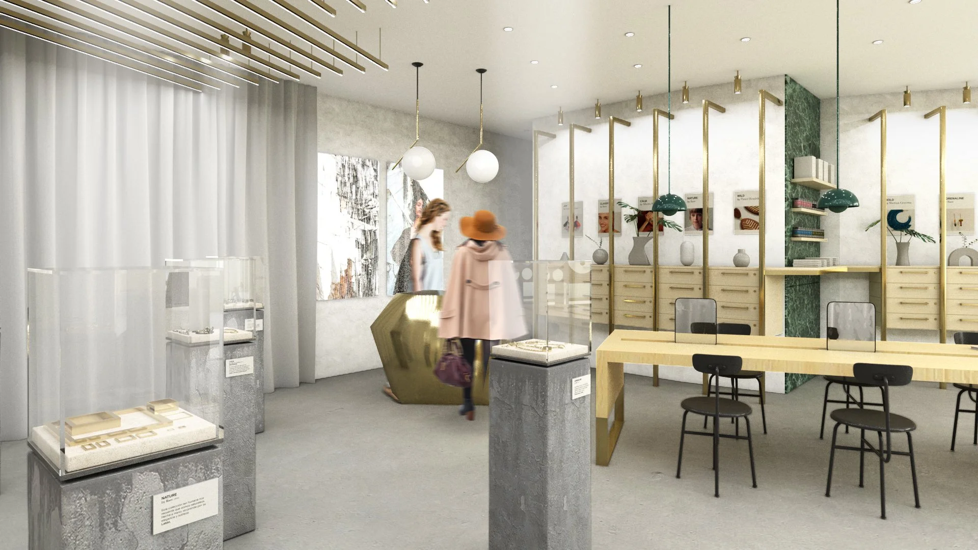 Interior moderno de una galería o tienda, con mesas, sillas, vitrinas, lámparas colgantes y decoración minimalista. Dos personas caminando en el fondo.