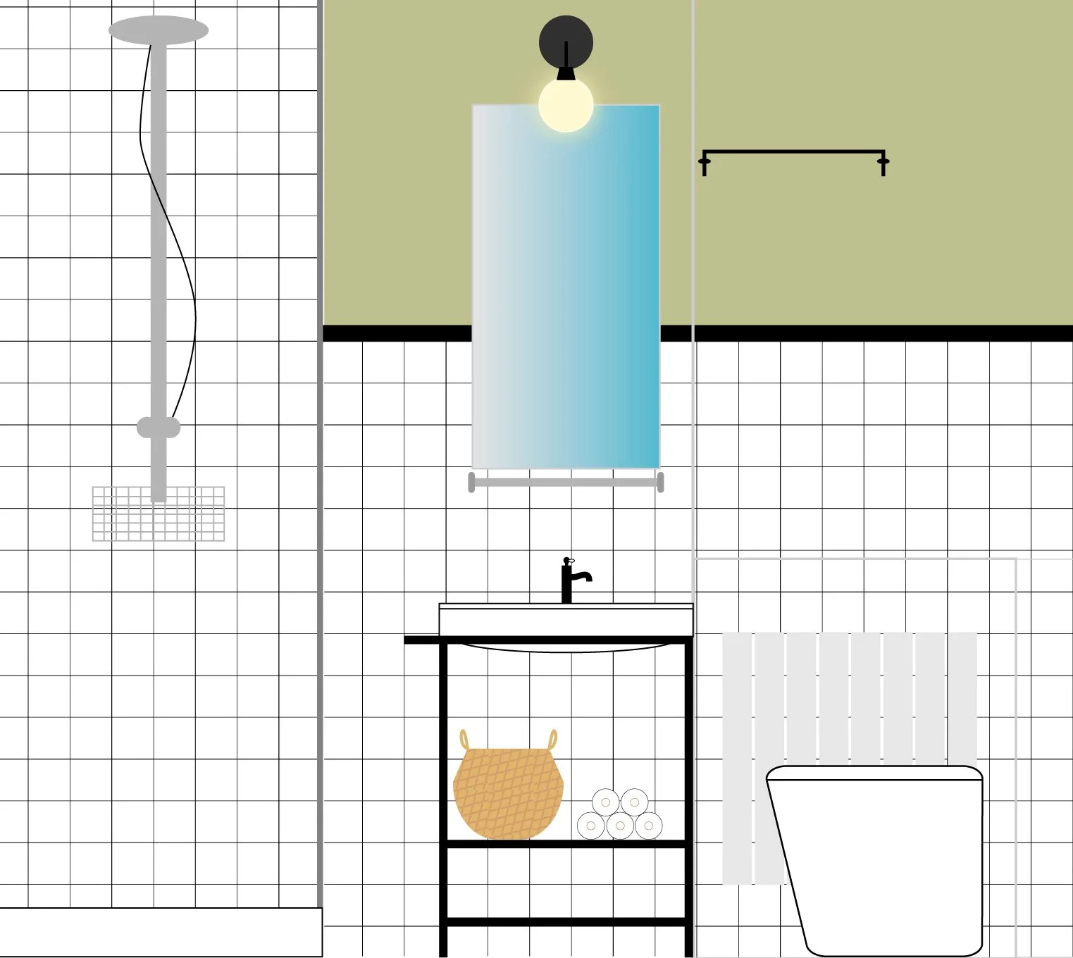 Dibujo de interior de baño moderno con ducha, espejo, lavabo, canasta, y toallas.