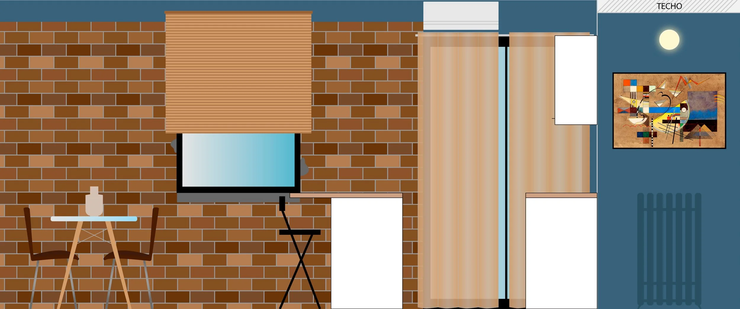 Interior de una habitación con paredes de ladrillo, una mesa y sillas, una ventana con persiana, cortinas, un radiador, y una pintura abstracta en la pared.
