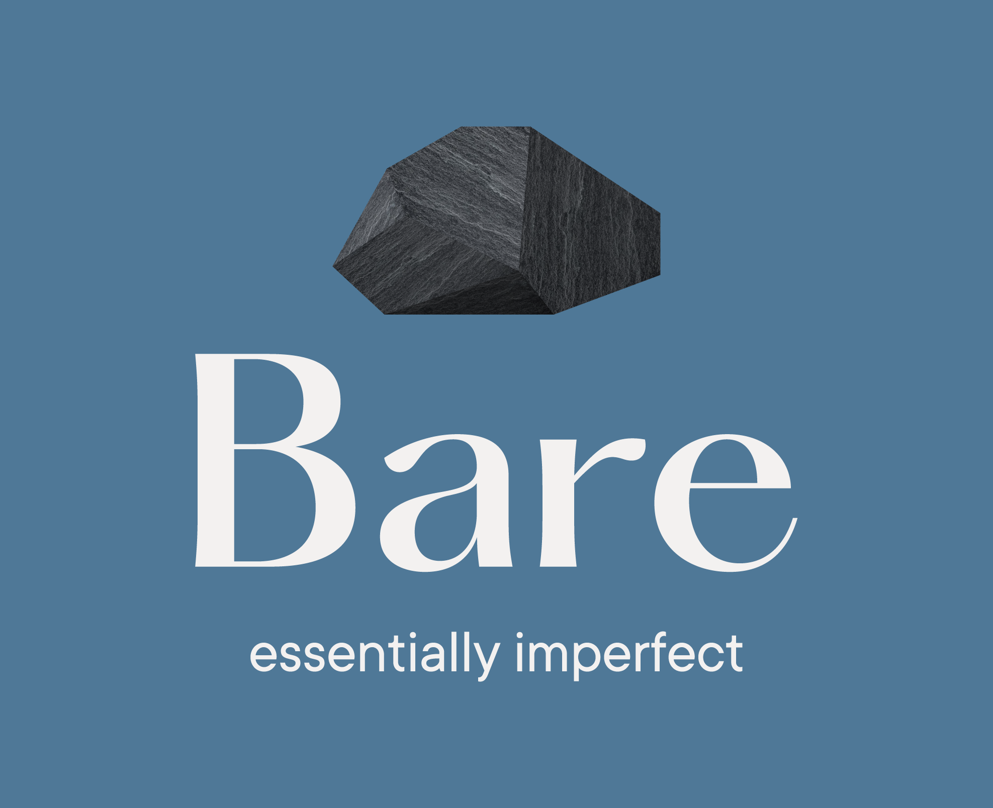 Logotipo azul con la palabra "Bare" en letras grandes y "essentially imperfect" en letras pequeñas, acompañado de una forma geométrica oscura encima.