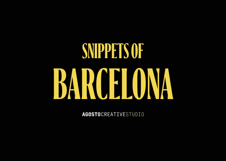 Texto en fondo negro que dice 'Snippets of Barcelona Agosto Creative Studio' en letras grandes y amarillas.