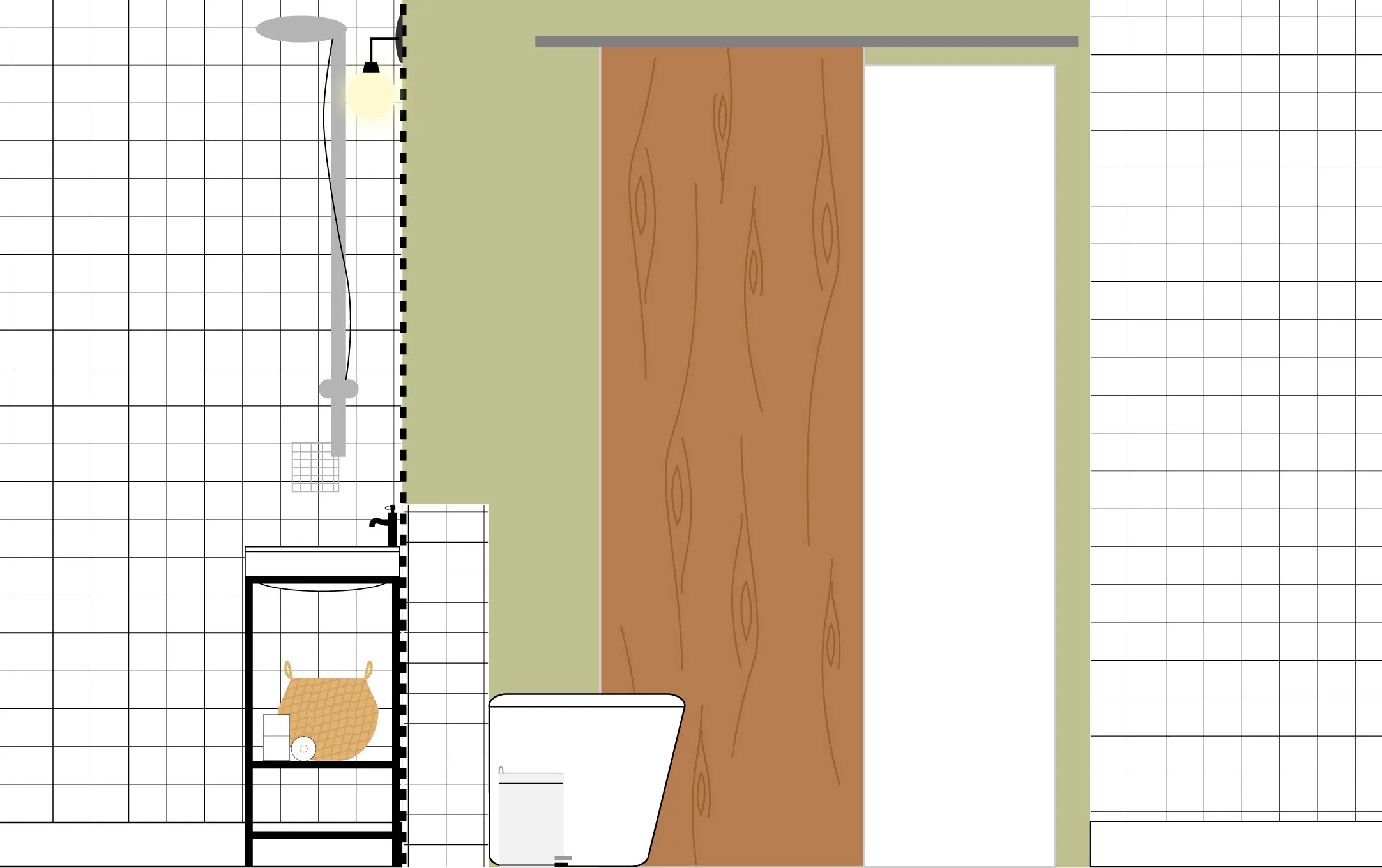 Dibujo de un baño con ducha, lavabo, mueble de almacenamiento, pared con azulejos blancos y puerta corrediza marrón.
