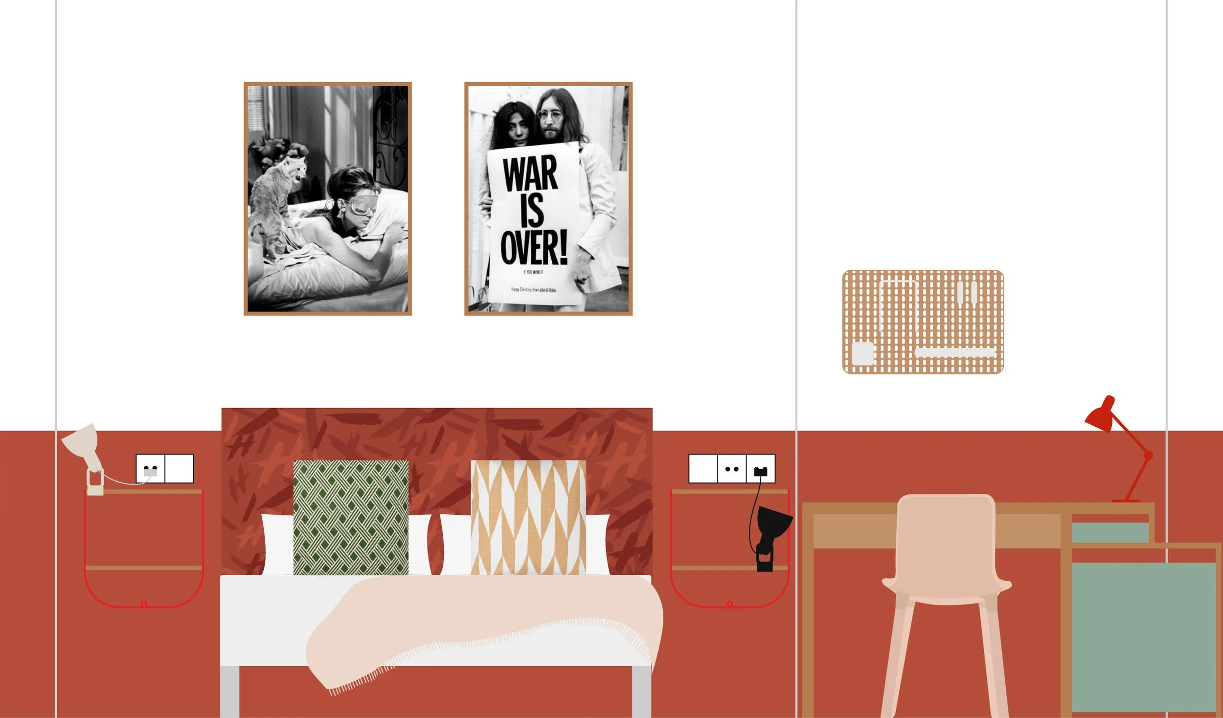 Habitación moderna con cama, almohadas y cuadros en la pared. Escritorio con lámpara y silla, decoración minimalista.