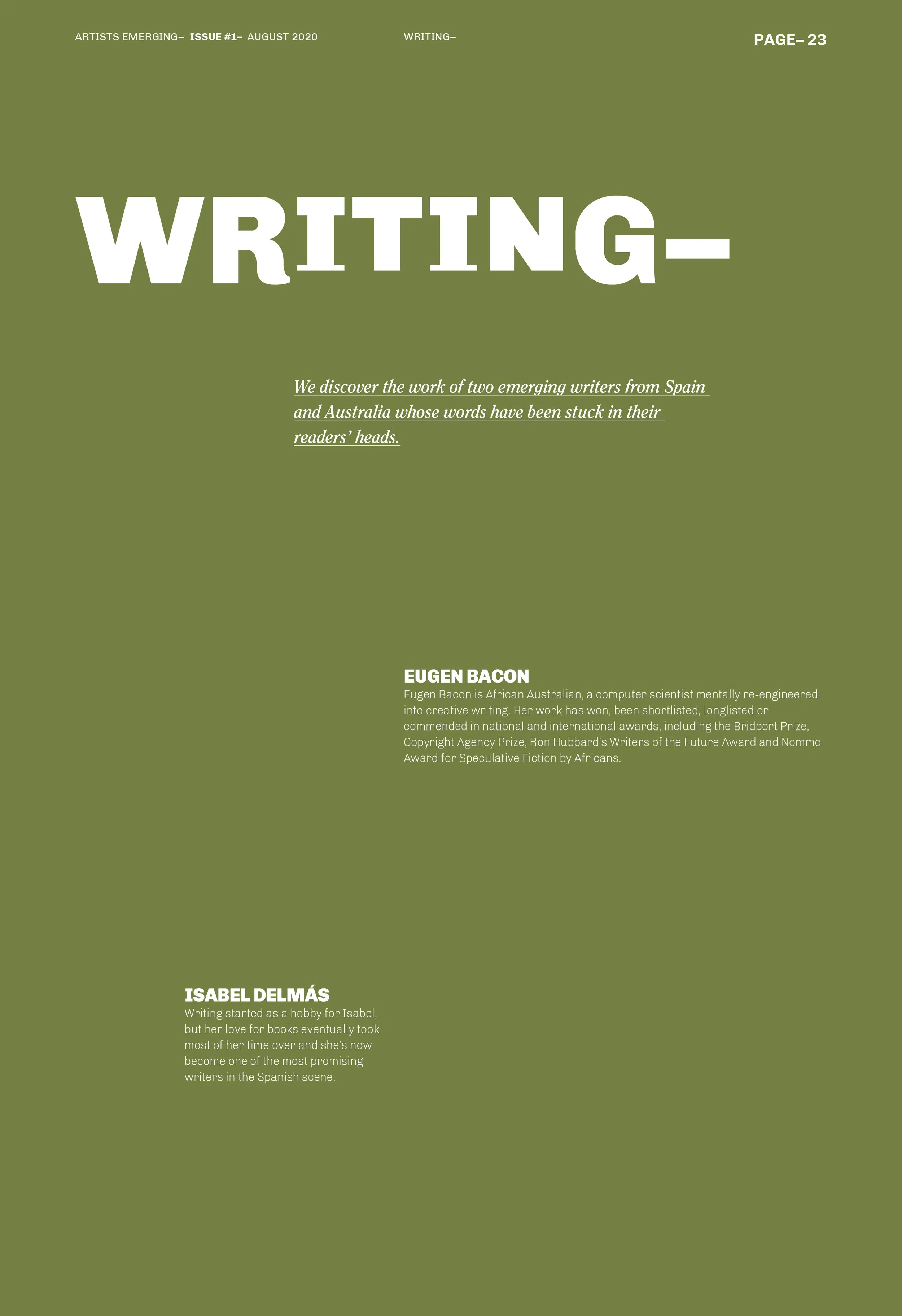 Página de una revista titulada "ARTISTS EMERGING" de agosto de 2020, destacando a dos escritores emergentes. El texto menciona a Isabel Delmás, una autora prometedora en la escena española. Fondo verde con tipografía blanca. Diseño editorial.
