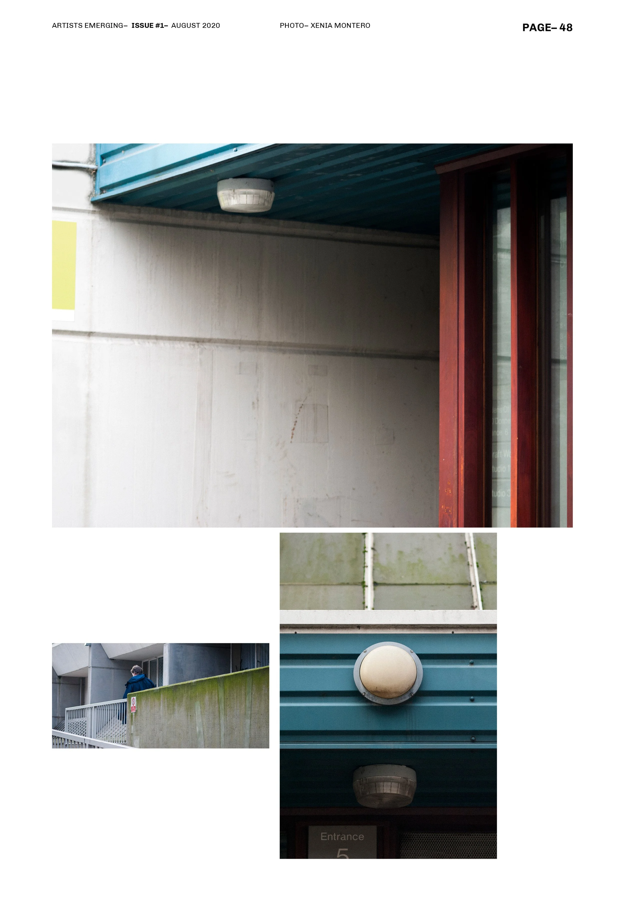 Collage de fotografías urbanas mostrando detalles arquitectónicos y una persona caminando en un edificio. Diseño editorial. Editorial design. Agosto Creative Studio.