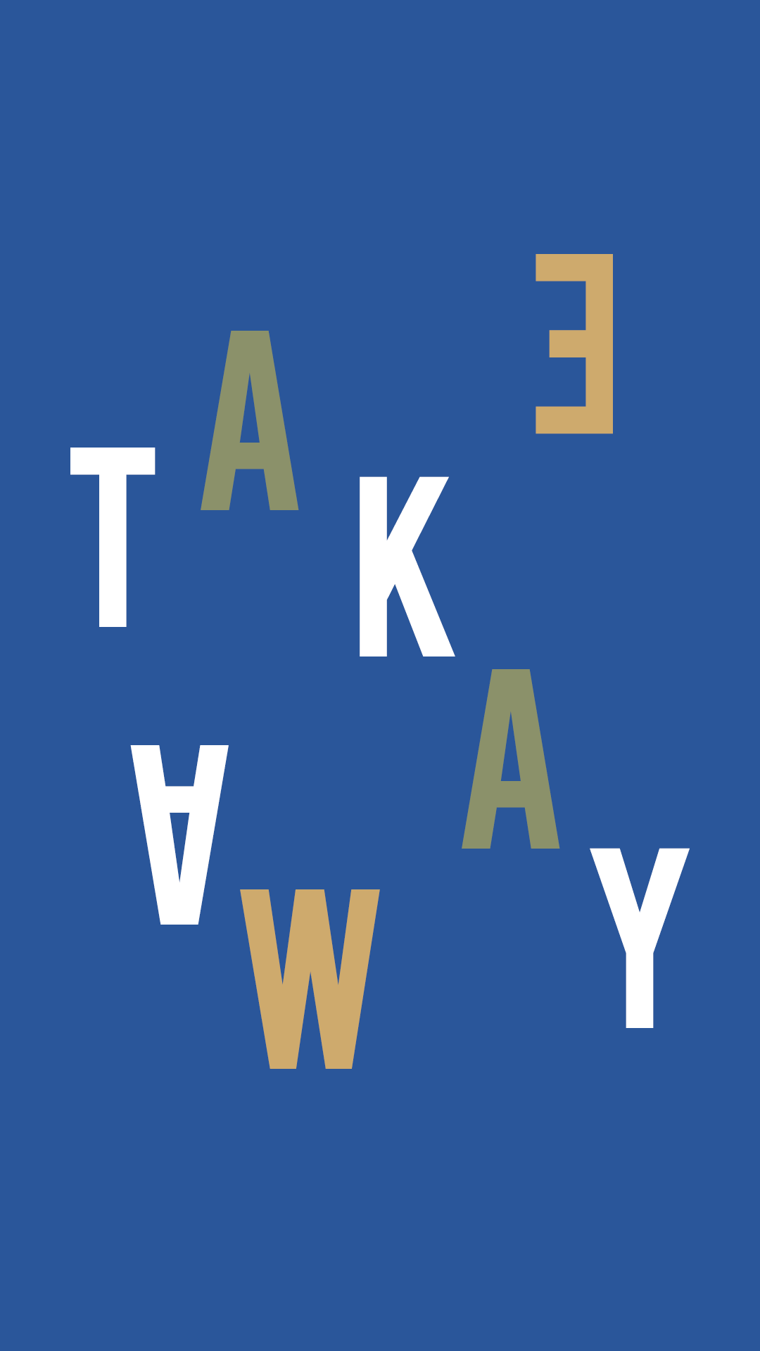 Letras "TAKE AWAY" en diferentes direcciones y colores sobre fondo azul. Diseño redes sociales. Design for social media. Agosto Creative Studio, Barcelona. Diseño gráfico Barcelona. Estudio de diseño Barcelona.