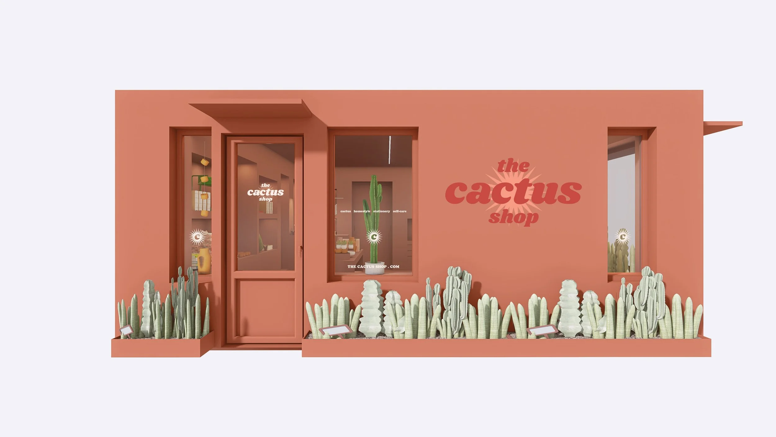 Fachada de una tienda llamada "The Cactus Shop" con un diseño minimalista en tonos terracota y cactus en la entrada. The Cactus Shop, diseño de interiorismo y visual merchandising. Agosto Creative Studio.