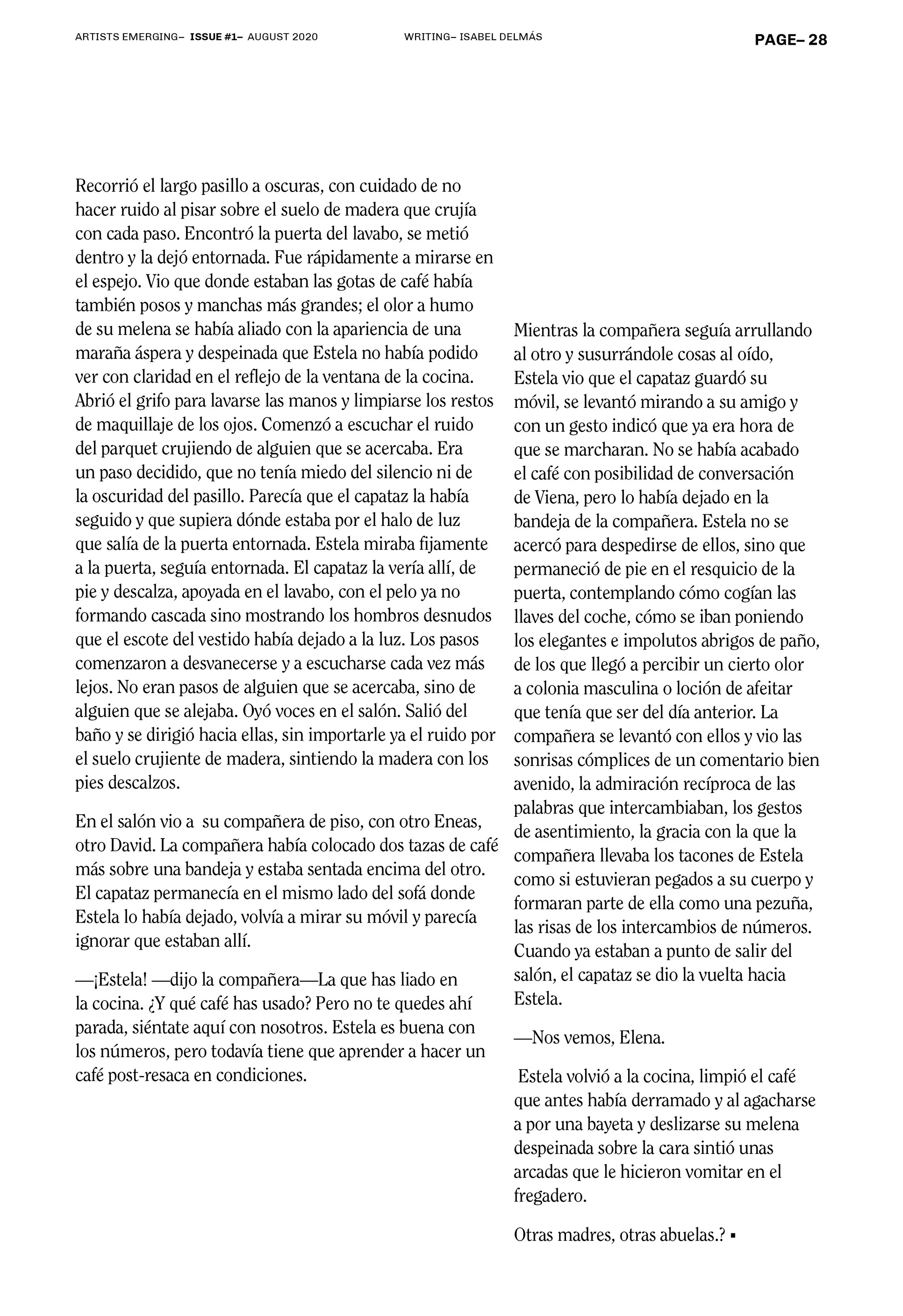 Página de texto en español con un fragmento narrativo titulado 'Writing – Isabel Delmás', publicado en la revista 'Artists Emerging - Issue #1 - August 2020'. El texto describe a una mujer llamada Estela en una secuencia de acciones y diálogos en su