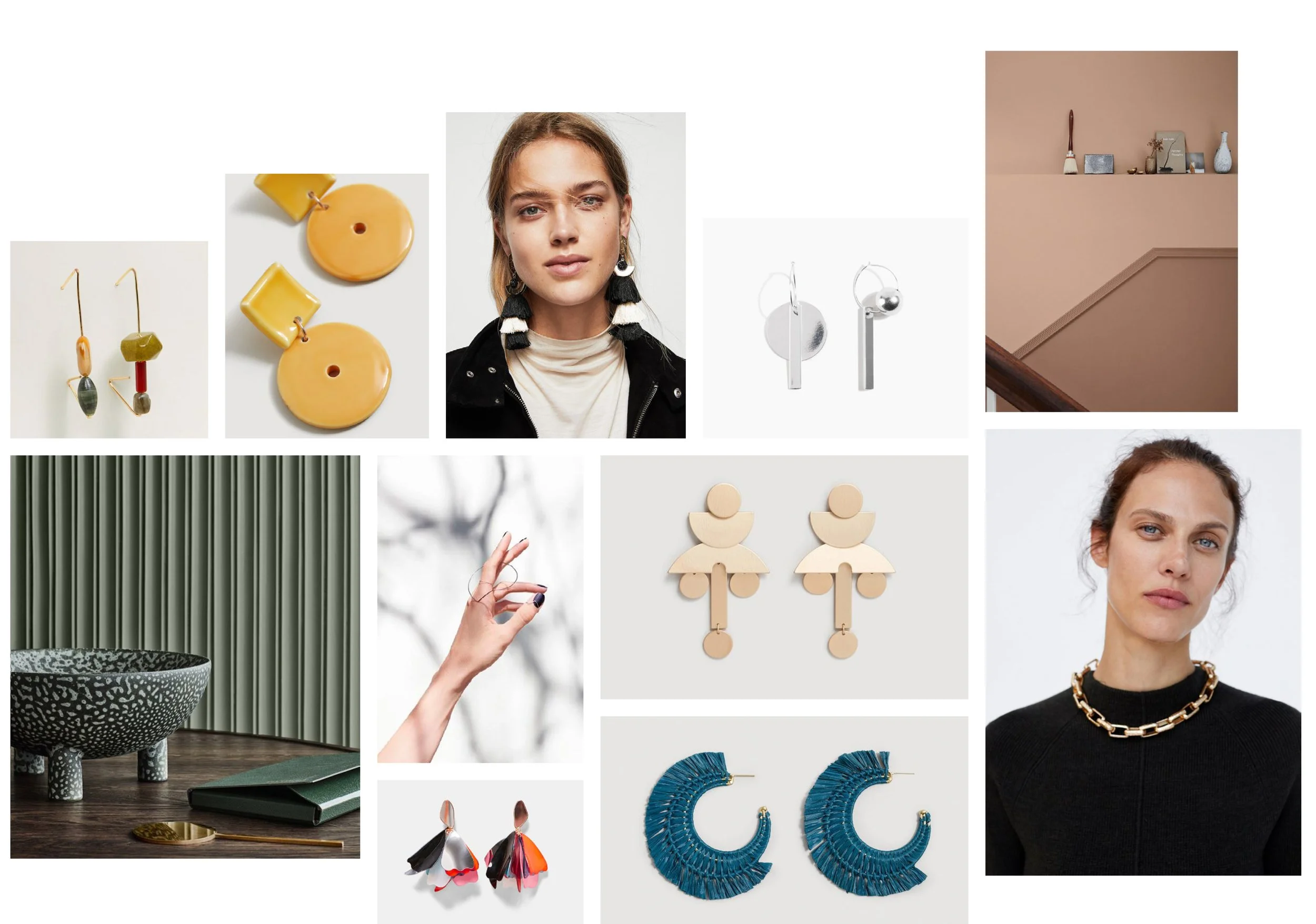 Collage de imágenes que incluye joyería, como aretes en varios diseños, dos modelos usando esas piezas de joyería, una mano sosteniendo un anillo, un cuenco decorativo sobre una mesa, decoraciones minimalistas en una repisa, y una cortina verde de fo
