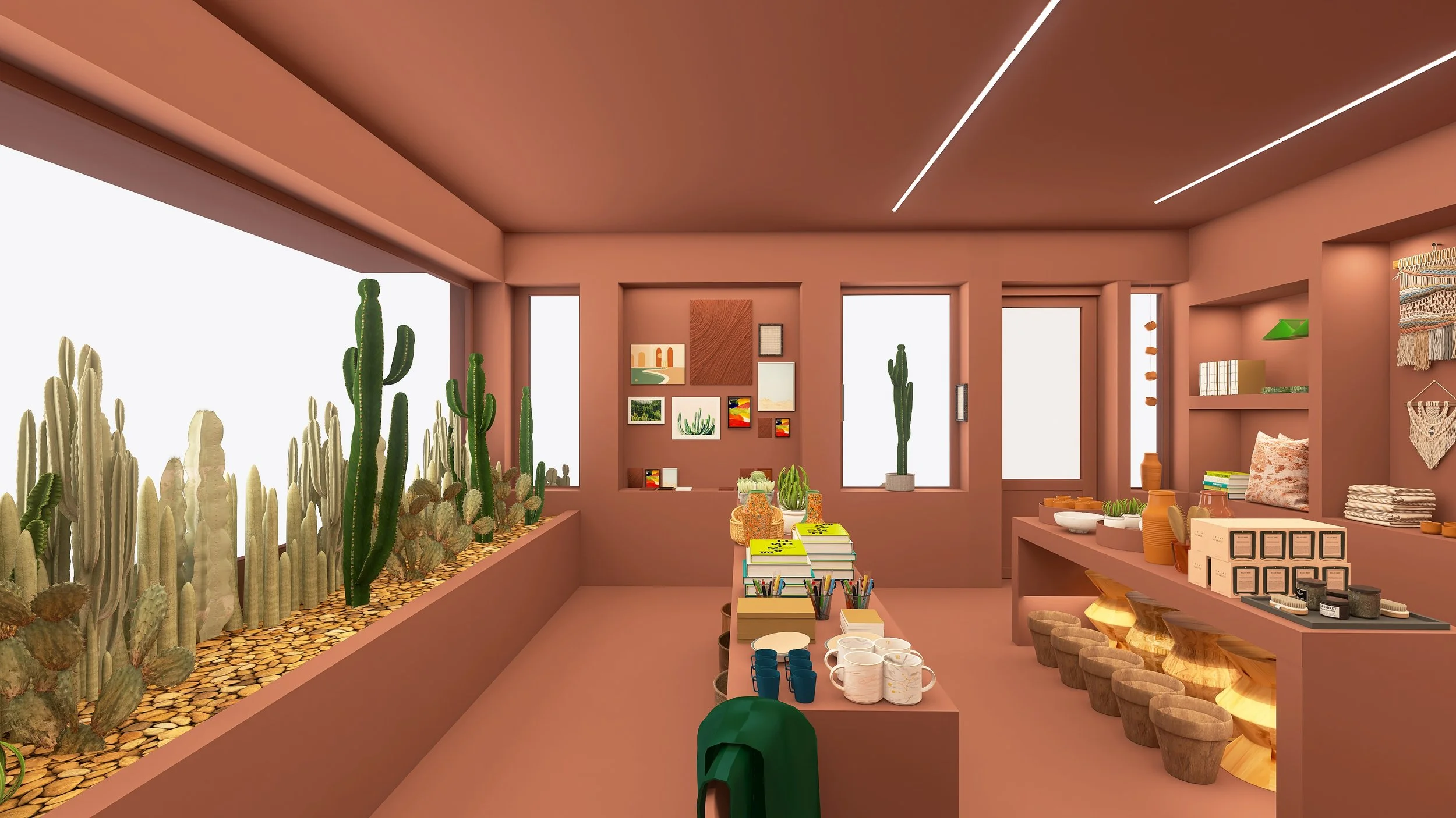 Tienda de decoración con cactus y productos artesanales en tonos terrosos, estantes con libros y tazones, macetas de cerámica y paredes decoradas con arte. The Cactus Shop, retail design, interiorismo de tiendas, visual merchandising.