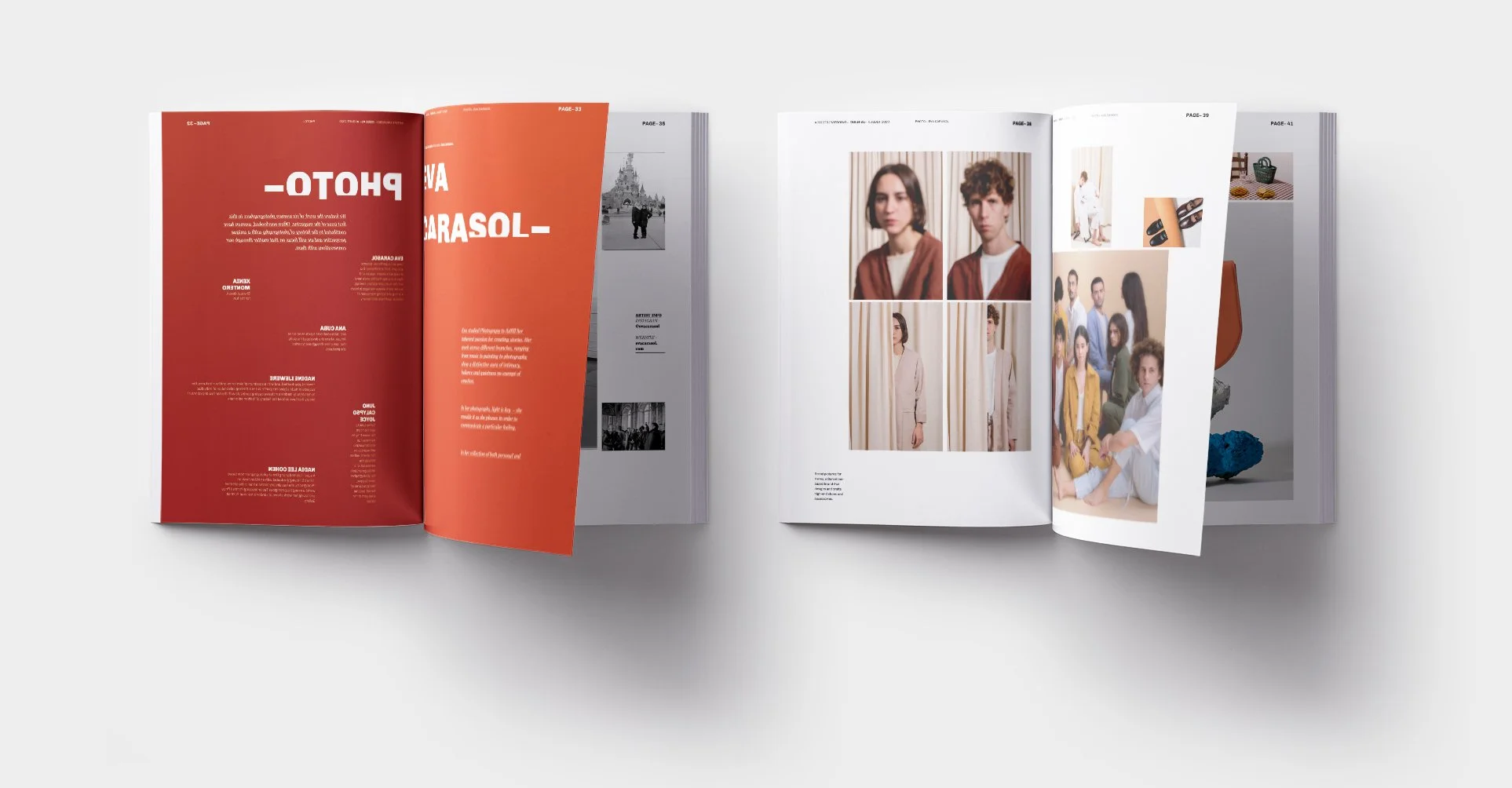 Revista abierta mostrando páginas con texto y fotografías, diseño de moda. Diseño editorial. Editorial Design. Agosto Creative Studio.